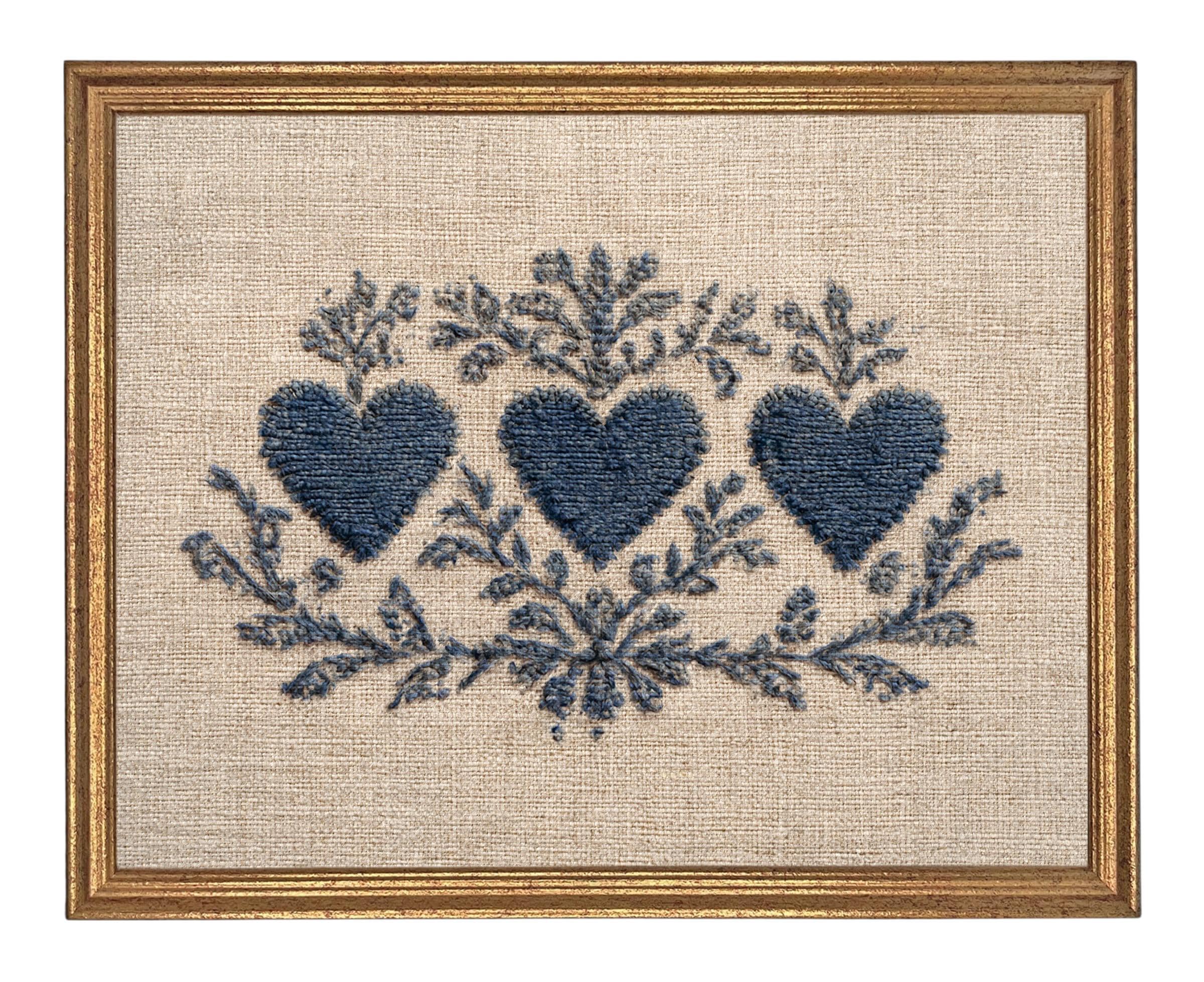 Framed Vintage Canvas Print: Folk Art Heart Tapestry Art