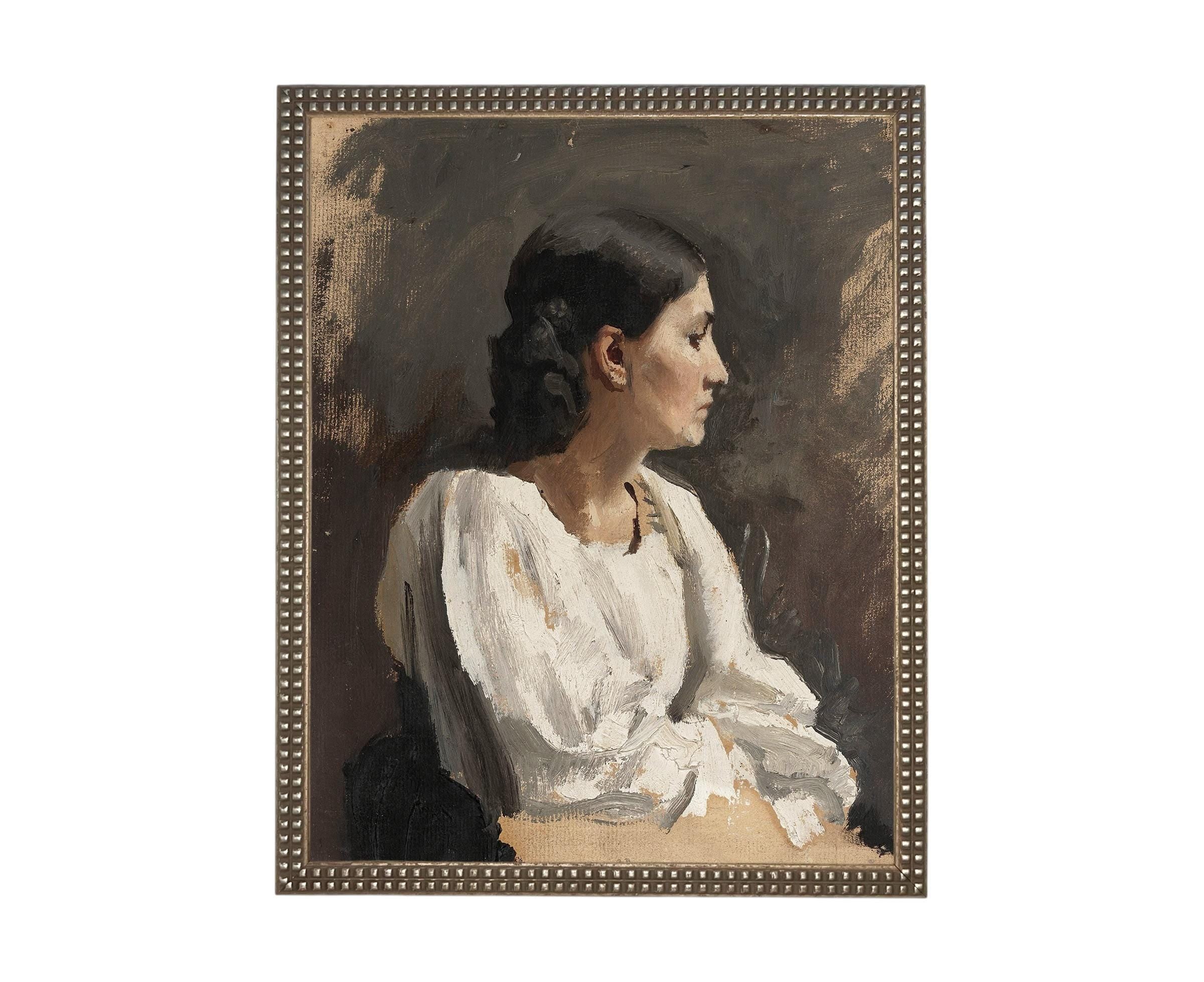 Framed Vintage Woman Portrait: Traditional Farmhouse Canvas Art Print