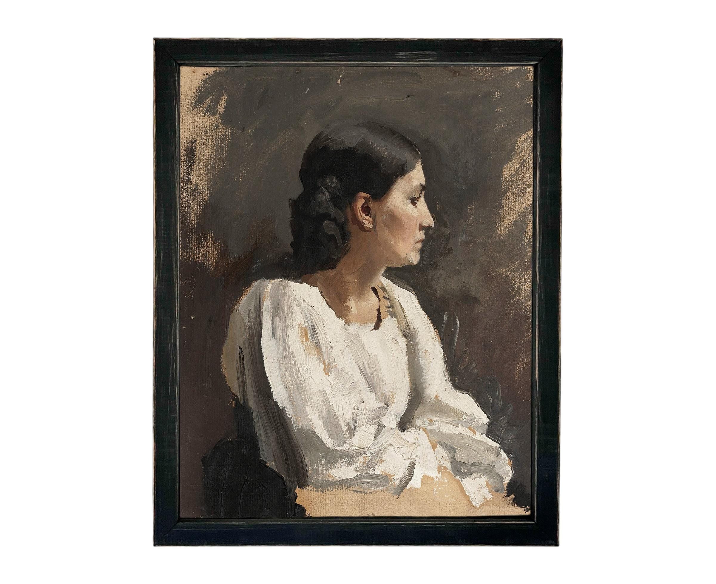 Framed Vintage Woman Portrait: Traditional Farmhouse Canvas Art Print