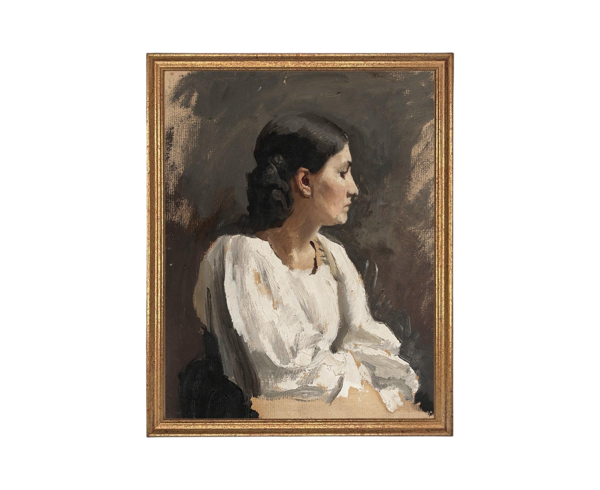 Framed Vintage Woman Portrait: Traditional Farmhouse Canvas Art Print
