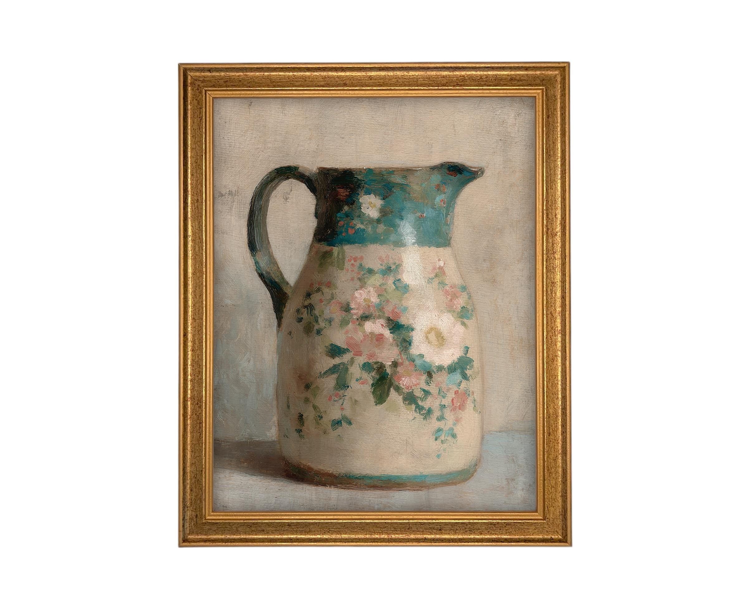 Vintage Framed Canvas Print: Spring Floral Pottery Still Life
