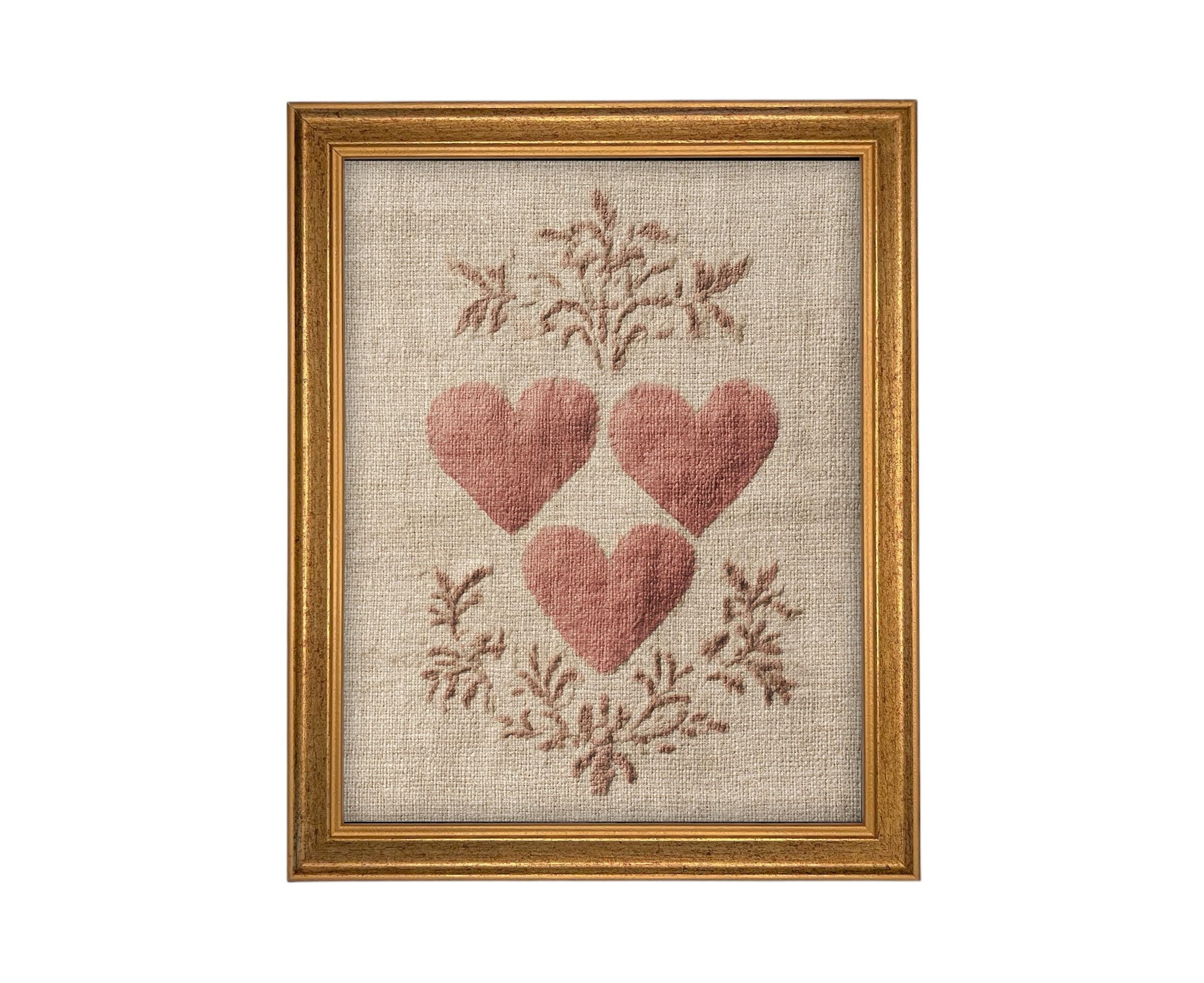 Framed Vintage Canvas Print: Folk Art Heart Tapestry Art