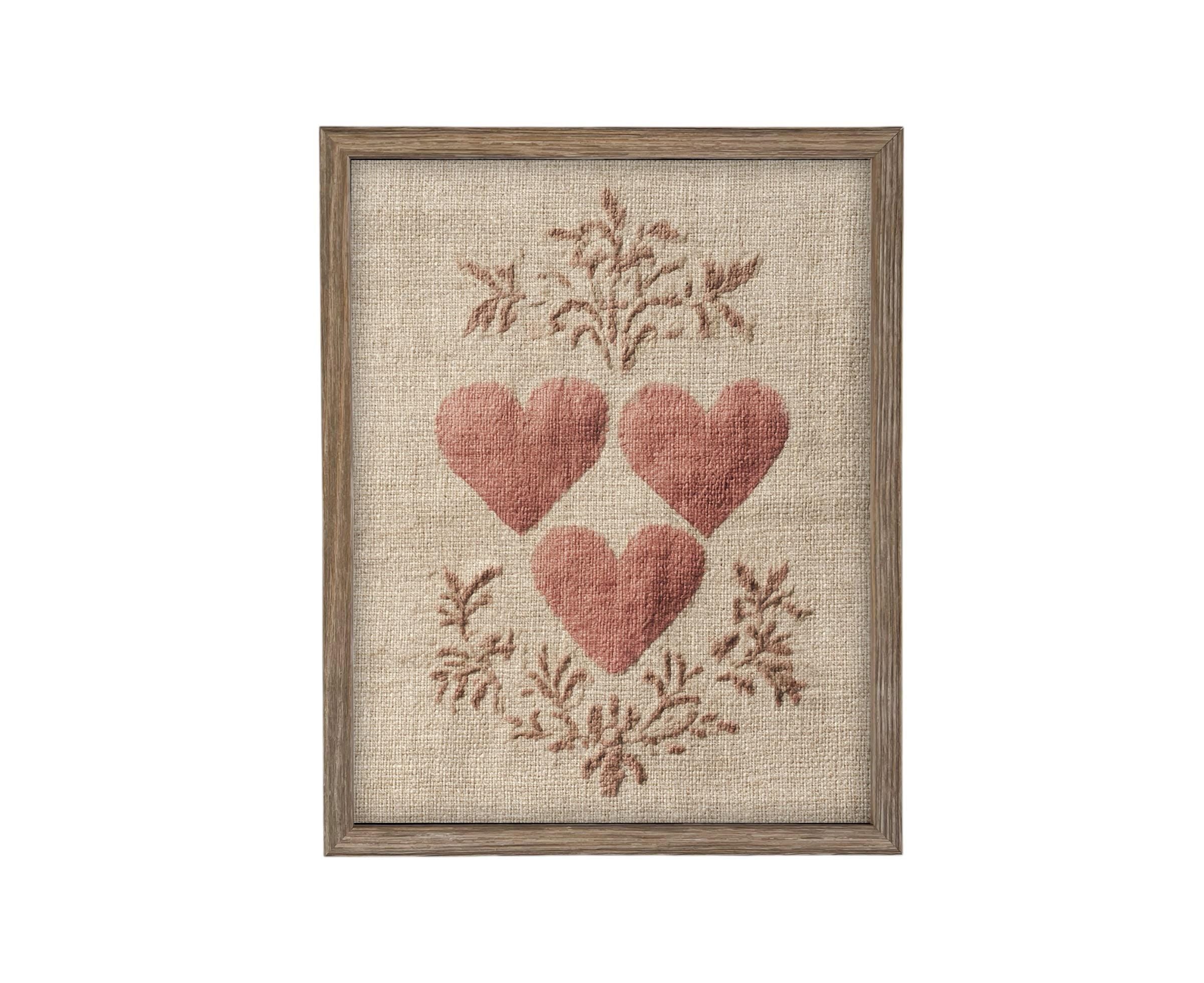 Framed Vintage Canvas Print: Folk Art Heart Tapestry Art