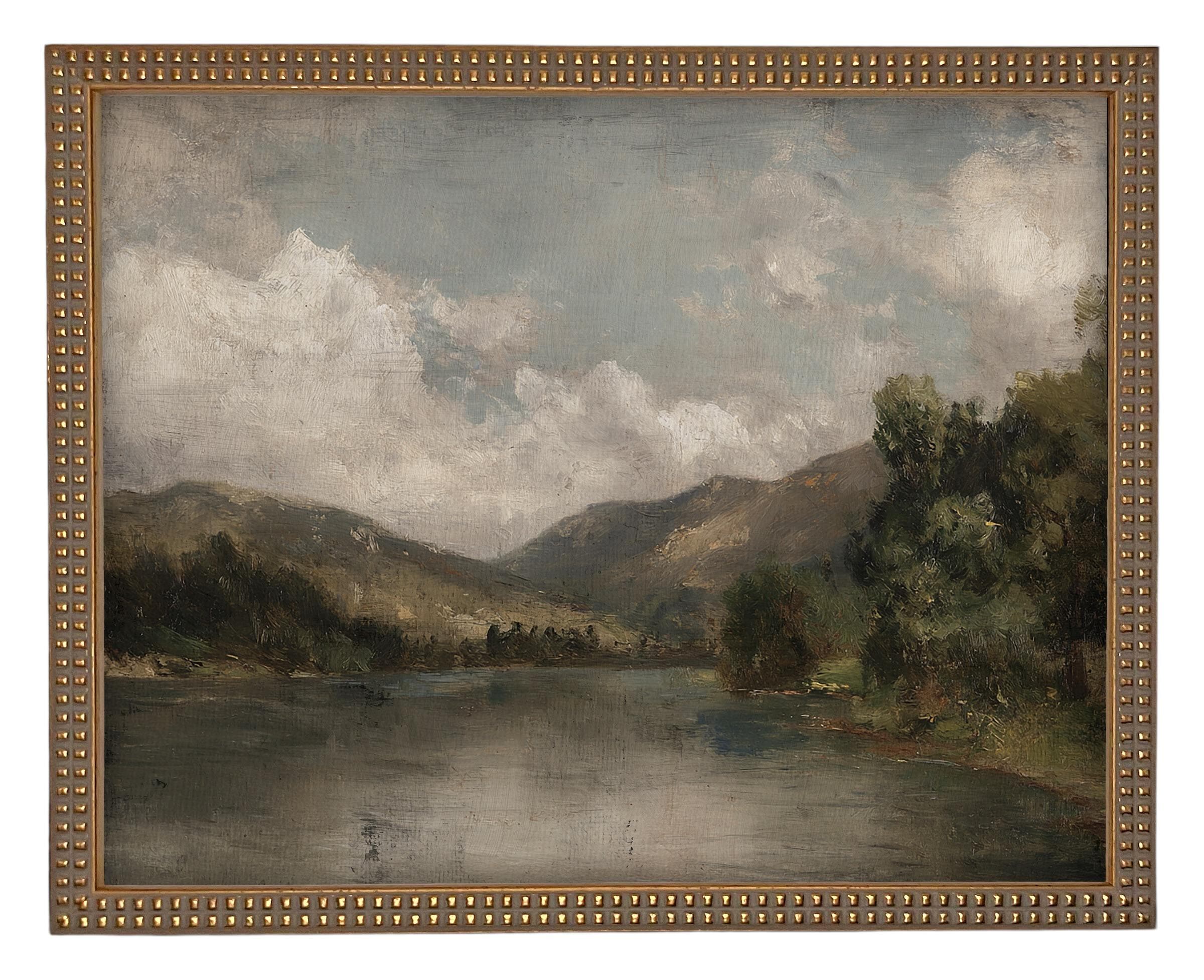 Framed Lake House Canvas Print: Vintage Moody Landscape Art