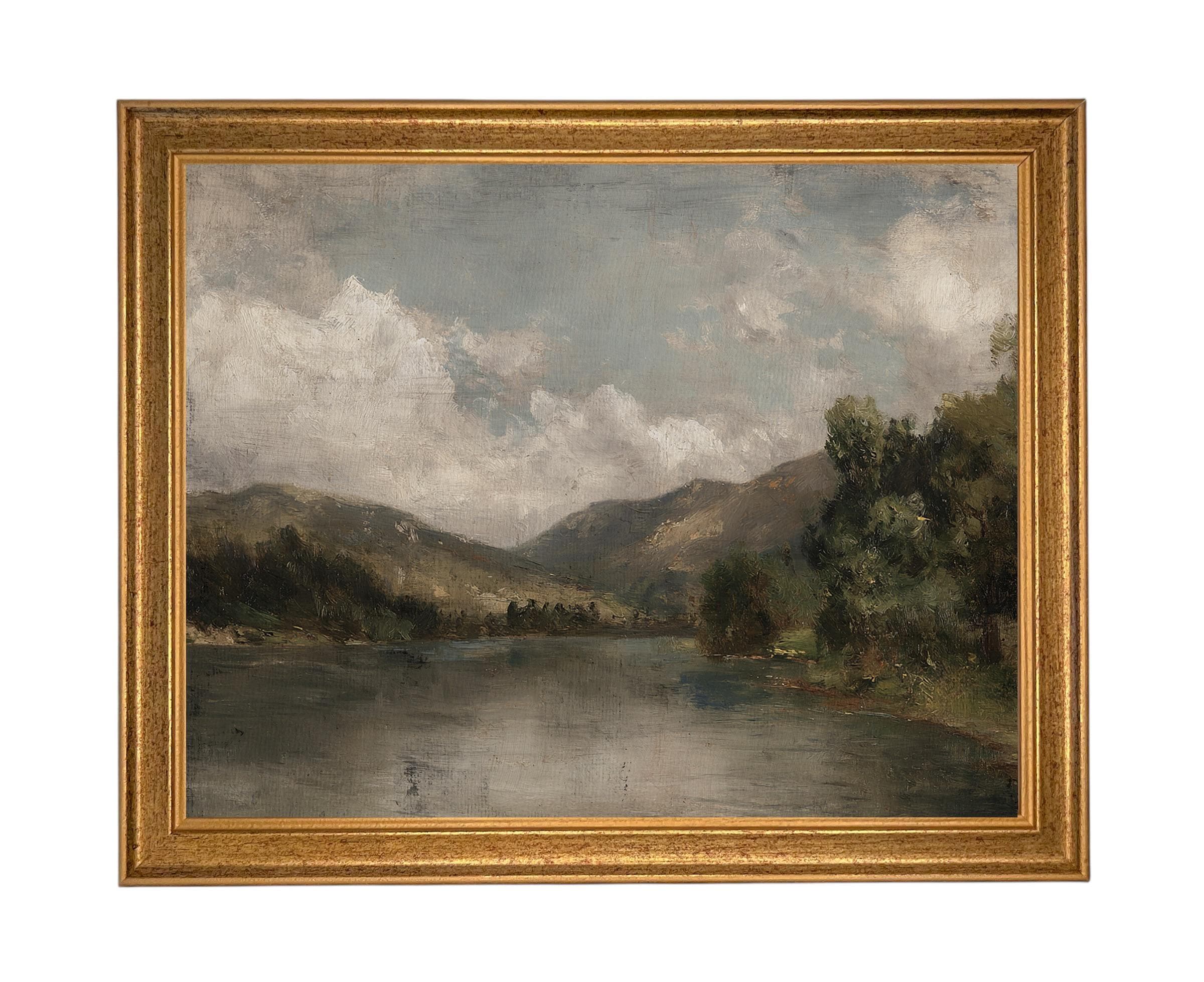 Framed Lake House Canvas Print: Vintage Moody Landscape Art