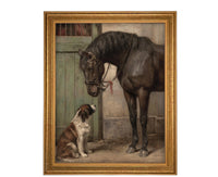 Vintage Framed Canvas Print: Horse and Dog Equestrian Art