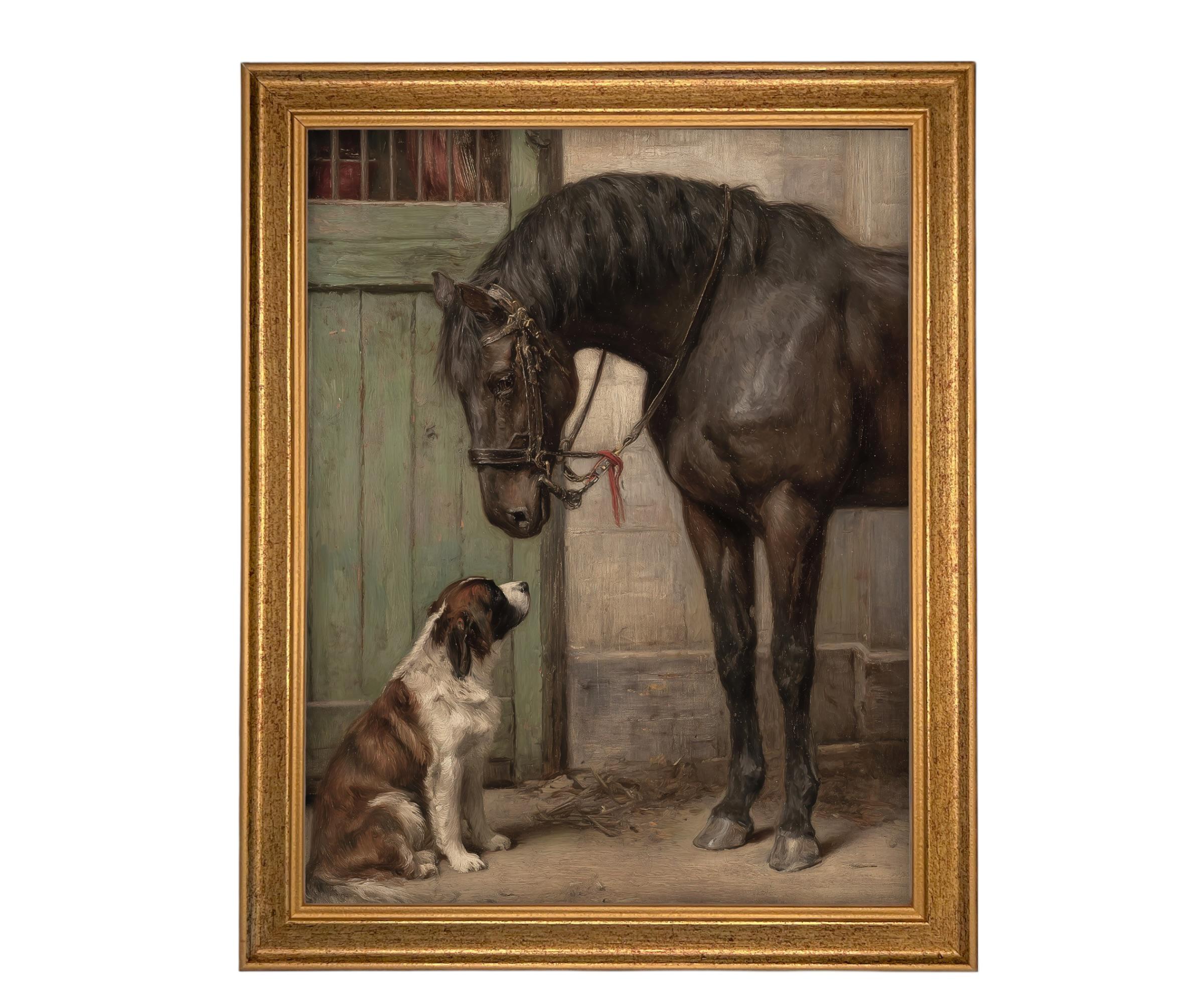 Vintage Framed Canvas Print: Horse and Dog Equestrian Art