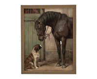 Vintage Framed Canvas Print: Horse and Dog Equestrian Art