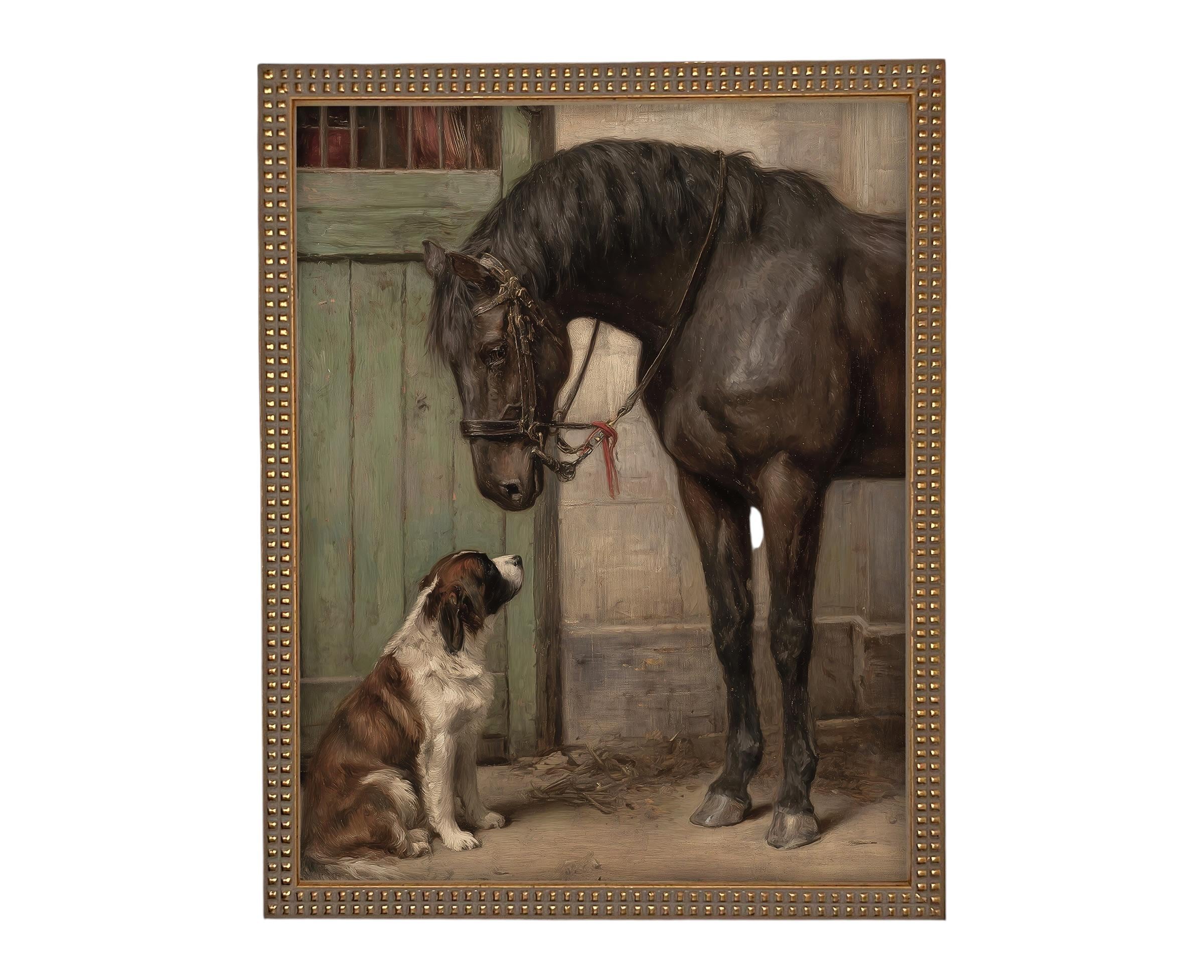 Vintage Framed Canvas Print: Horse and Dog Equestrian Art