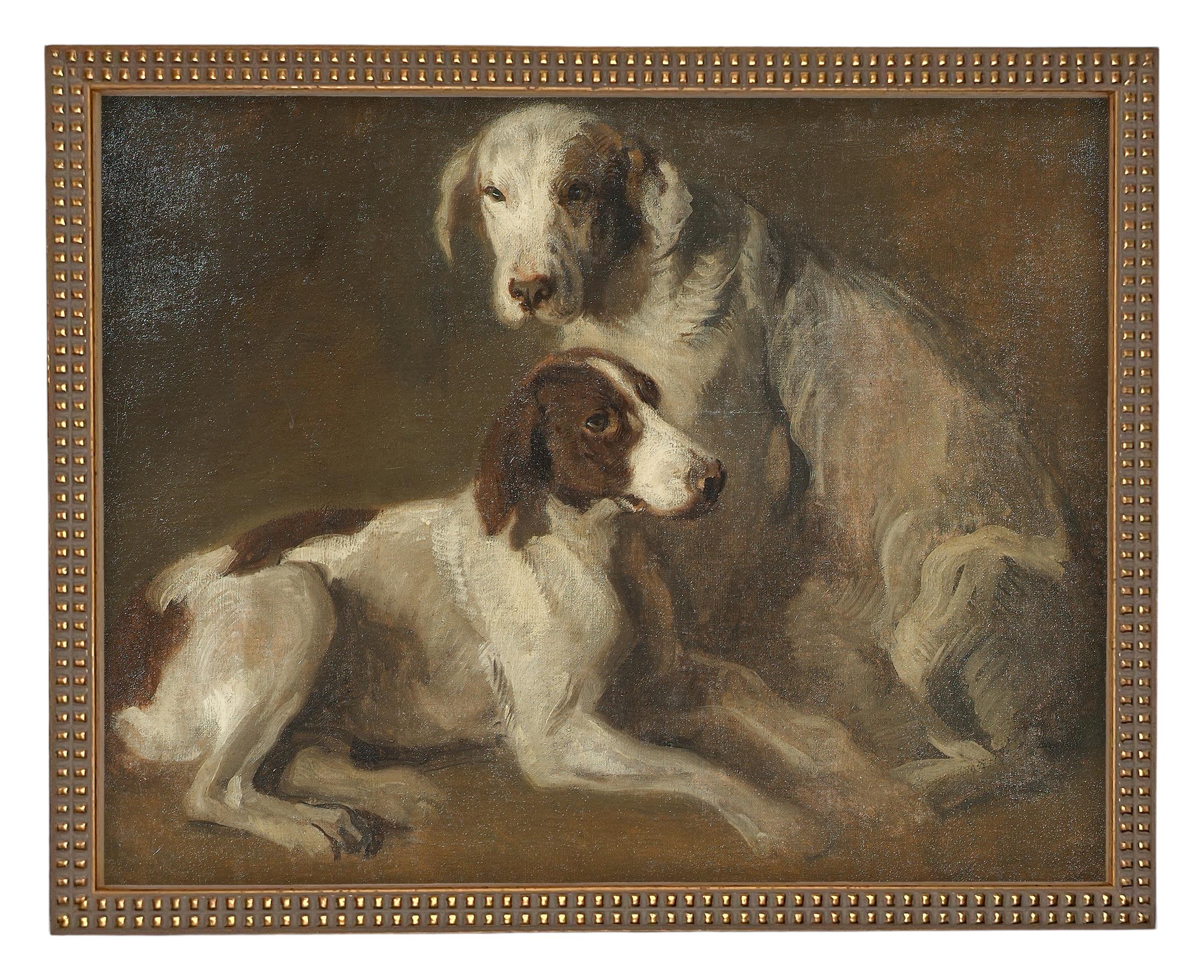 Framed Vintage Canvas Print: Neutral Print with hound dogs, Farmhouse Art