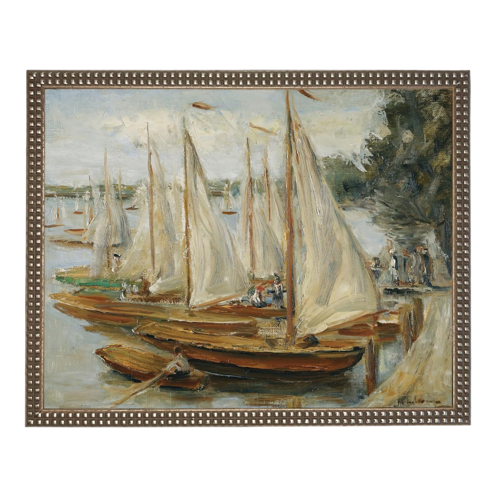 Vintage Sailboats Painting: Framed Canvas Print, Beach House Art #COAS-204