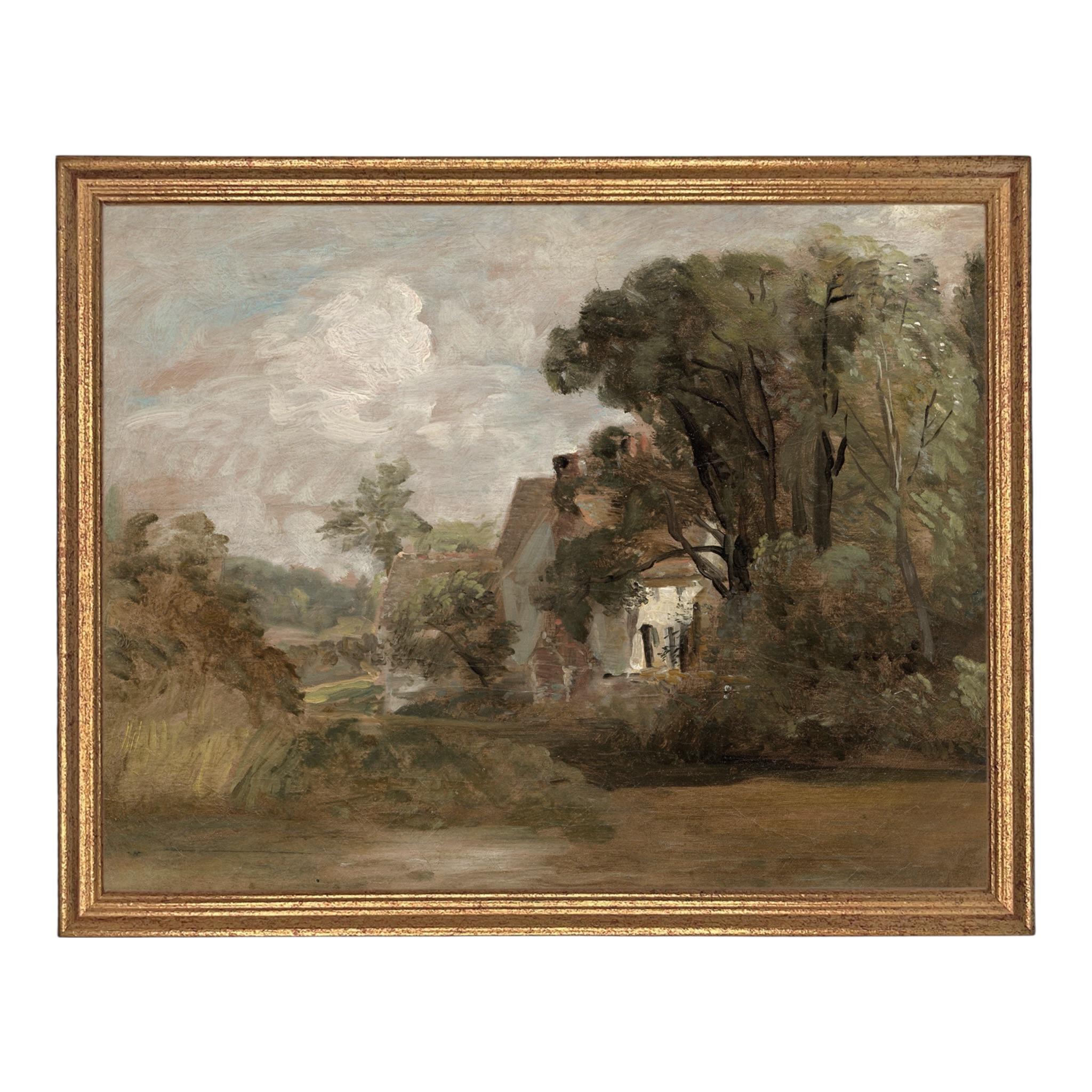 Framed Vintage Canvas Print: English Cottage Landscape Art #LAN-281