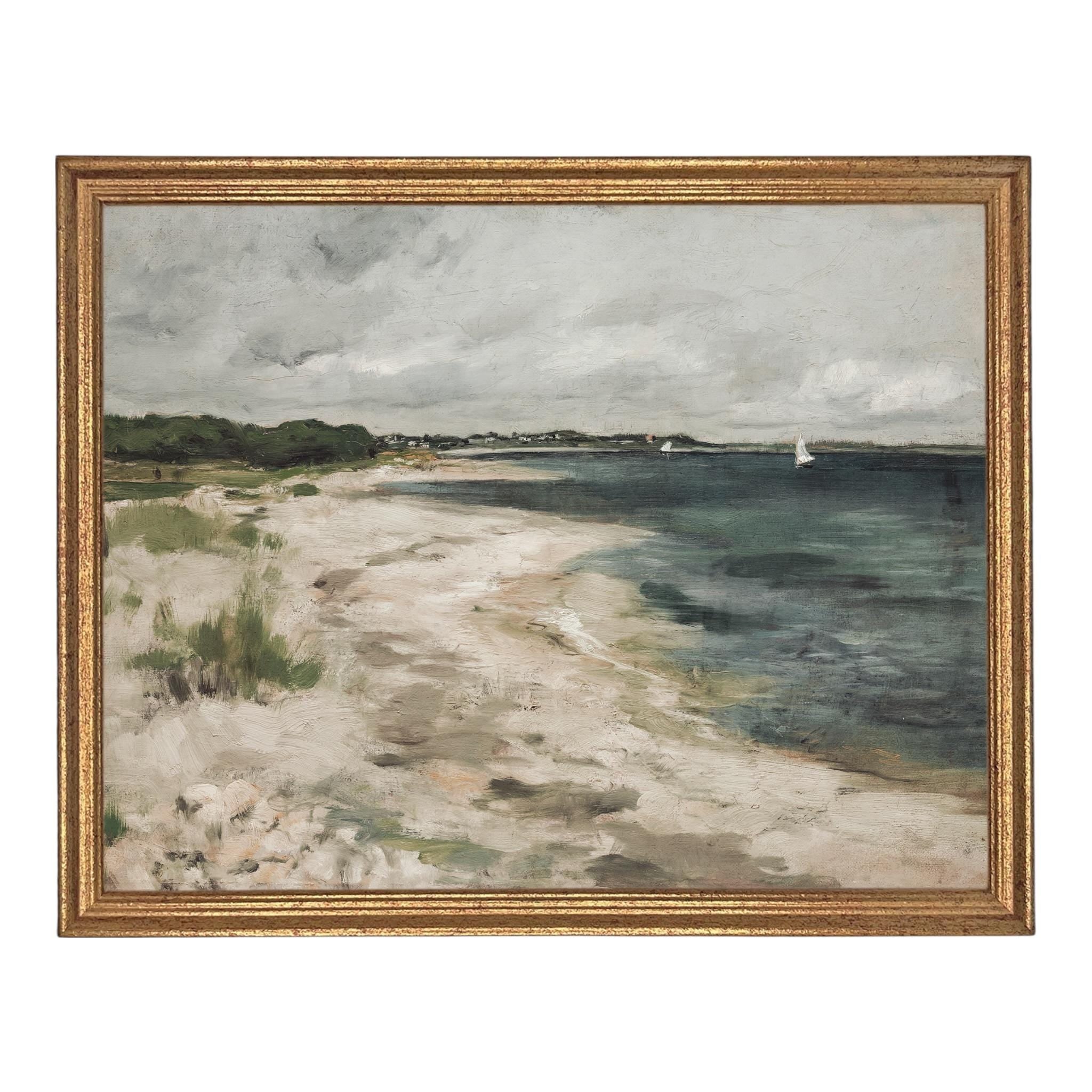 Vintage Framed Seascape Canvas Art Print: Coastal Beach House Decor #COAS-205