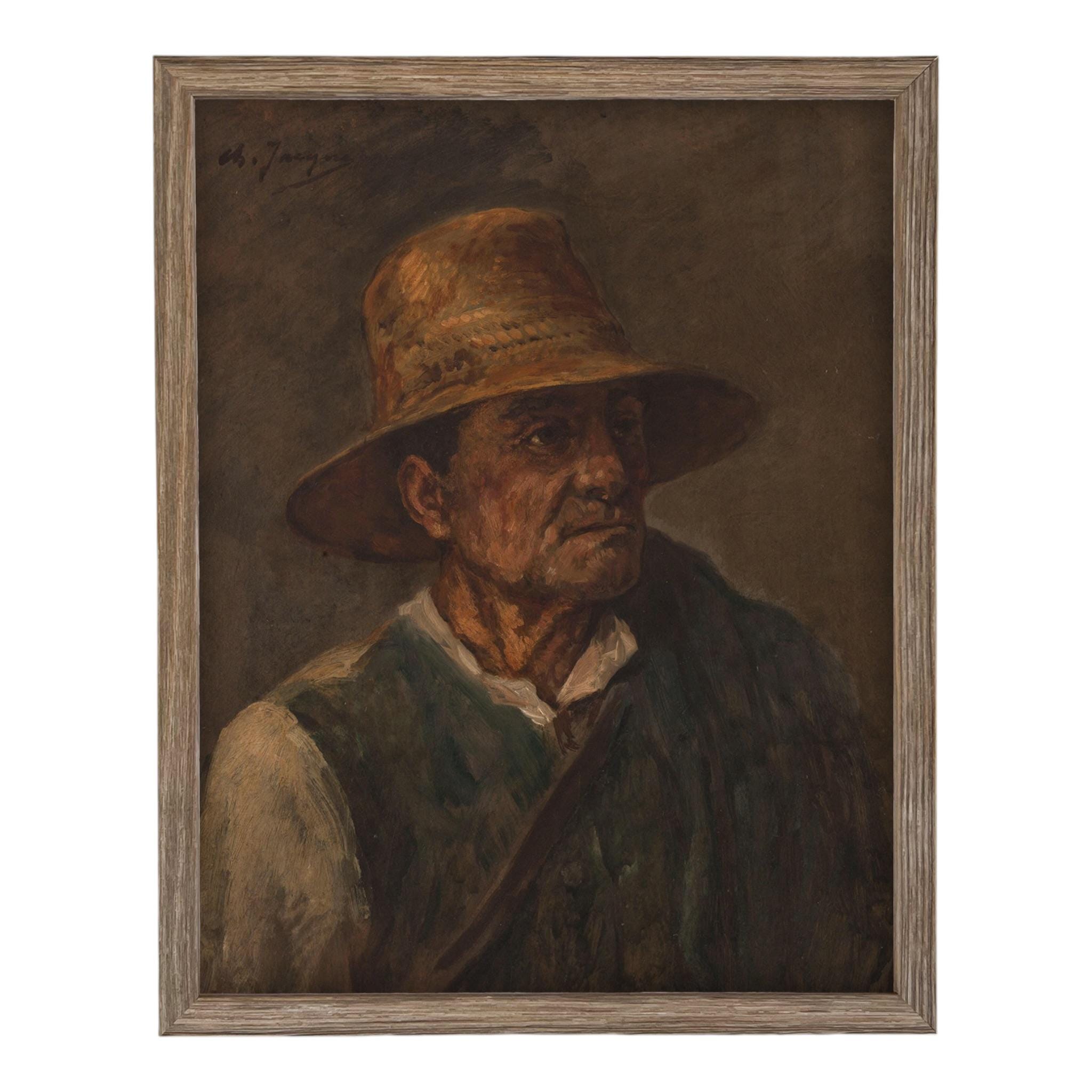 Vintage Framed Canvas Art // Framed Vintage Print // Vintage Painting // Vintage Oil Painting of a Man with Pipe // Moody Art //#P-555