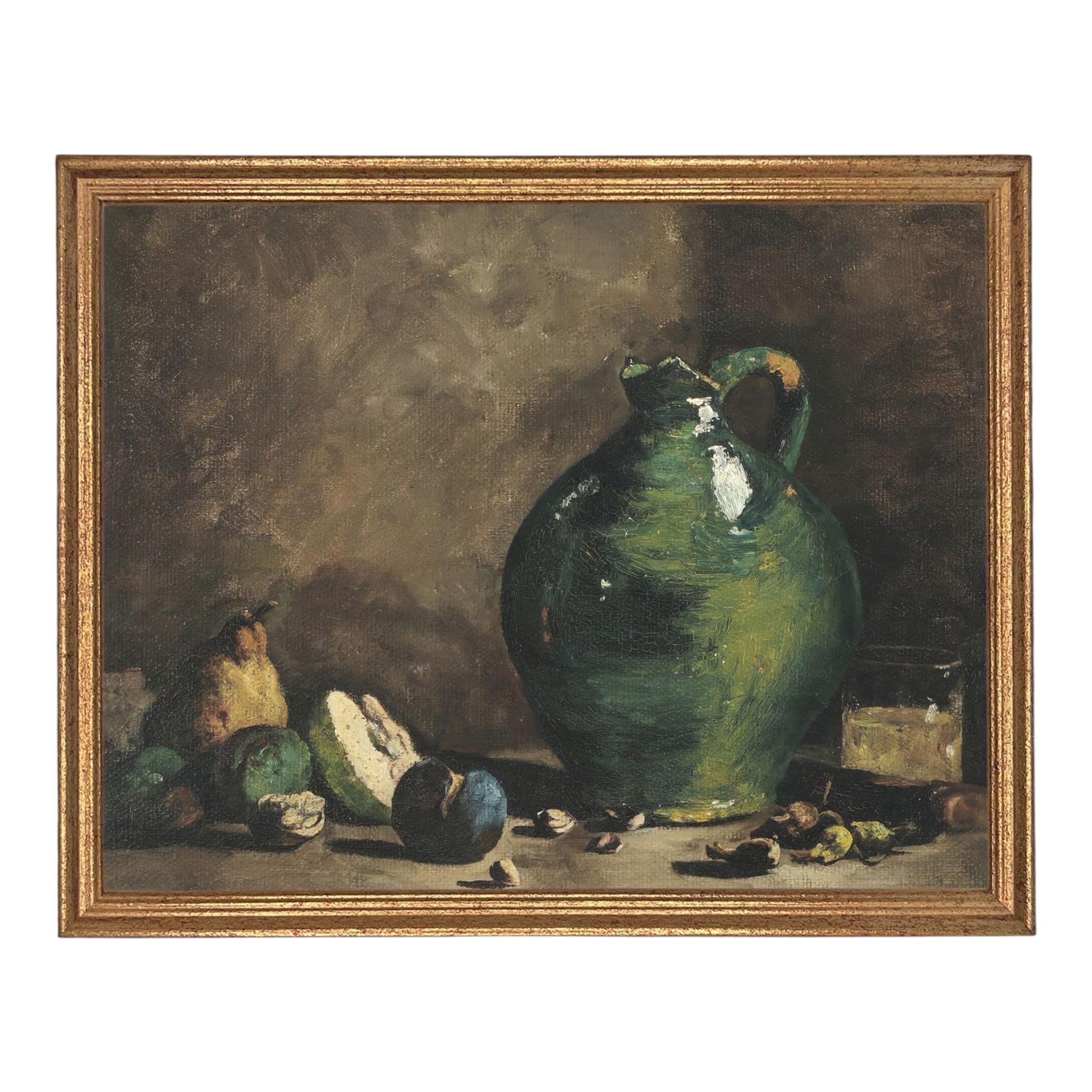 Vintage Framed Canvas Print: Green Pottery Still Life #ST-639