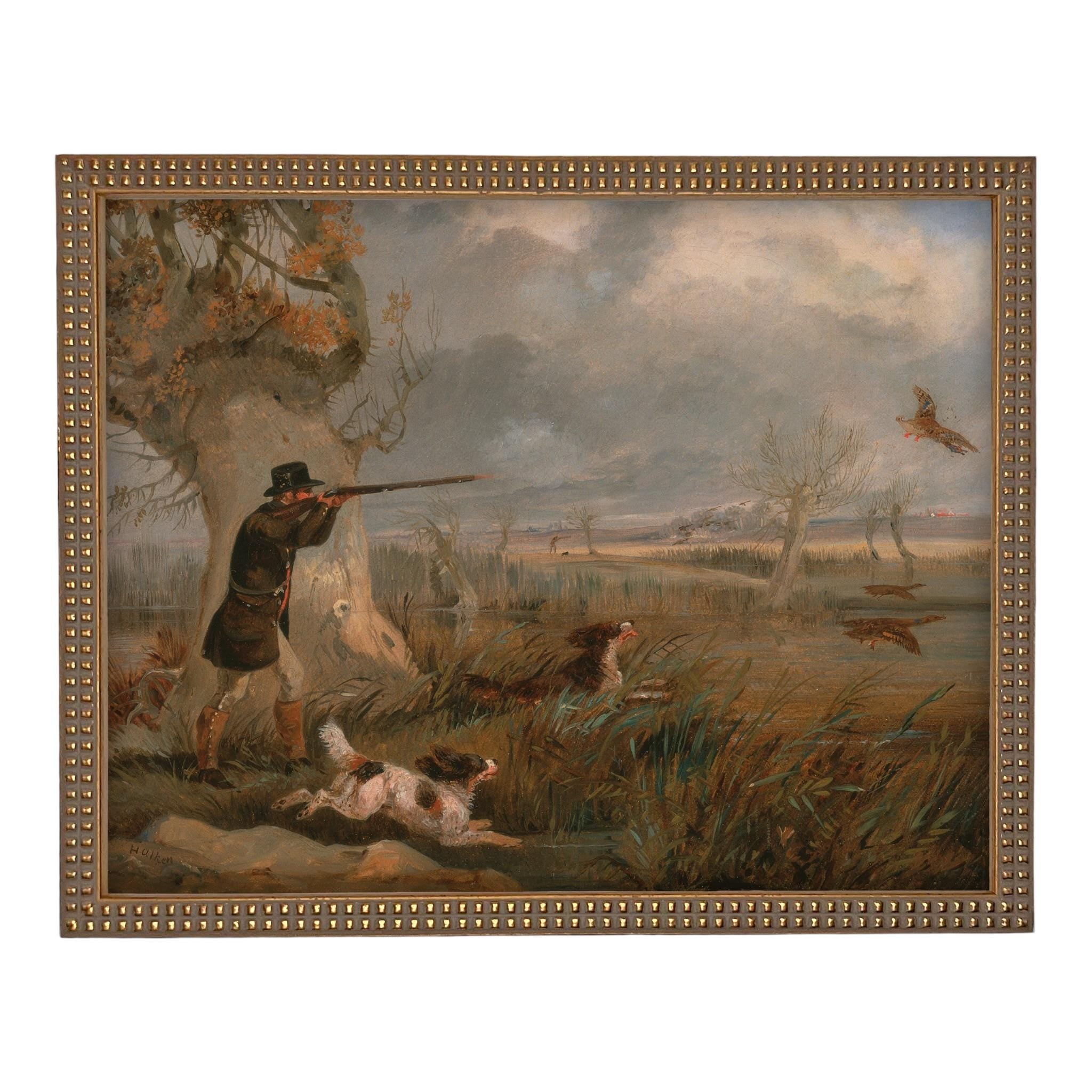 Vintage Landscape Print: Framed Canvas Antique Hunting Scene Art #A-198
