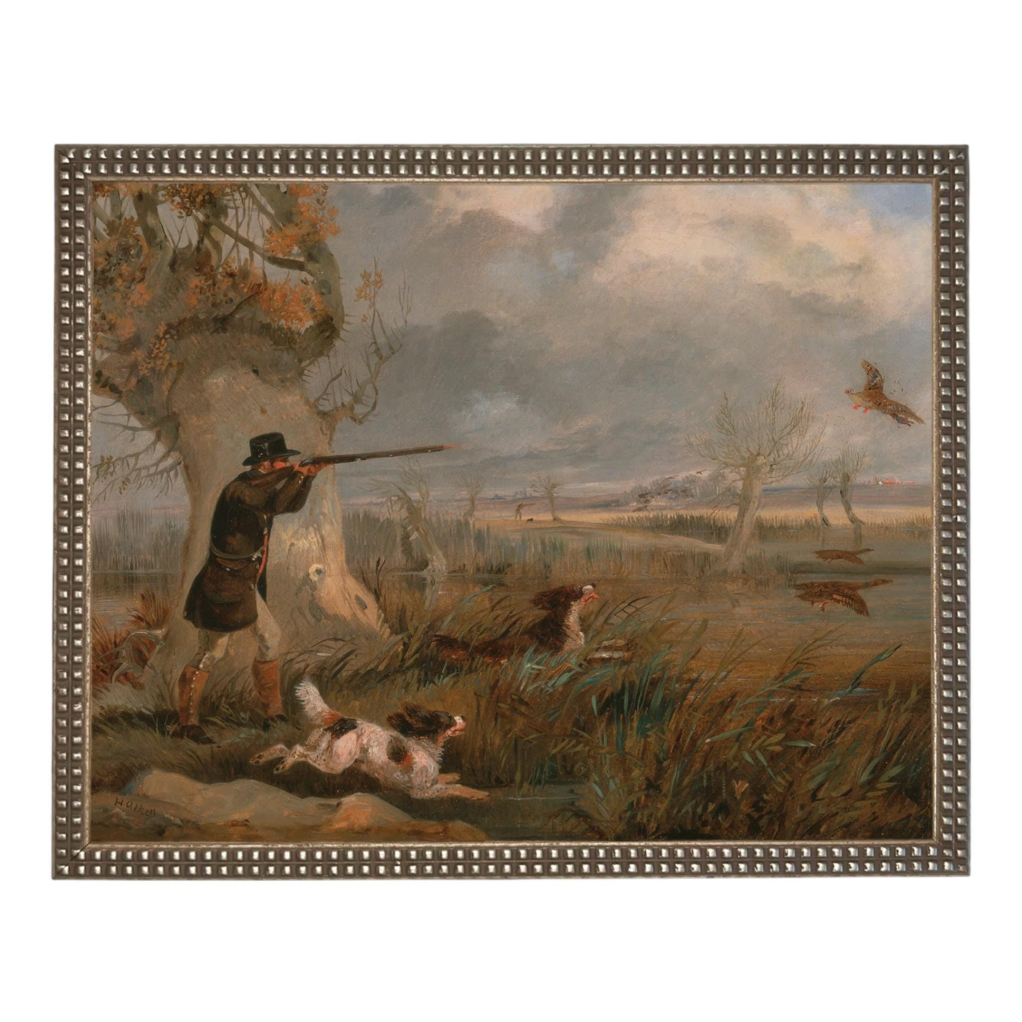 Vintage Landscape Print: Framed Canvas Antique Hunting Scene Art #A-198