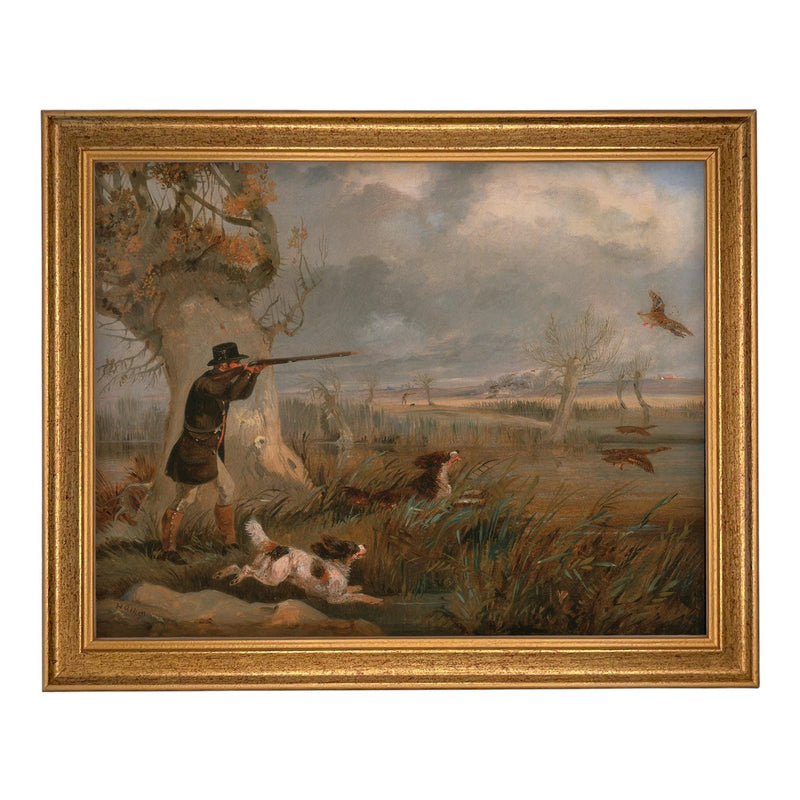 Vintage Landscape Print: Framed Canvas Antique Hunting Scene Art #A-198
