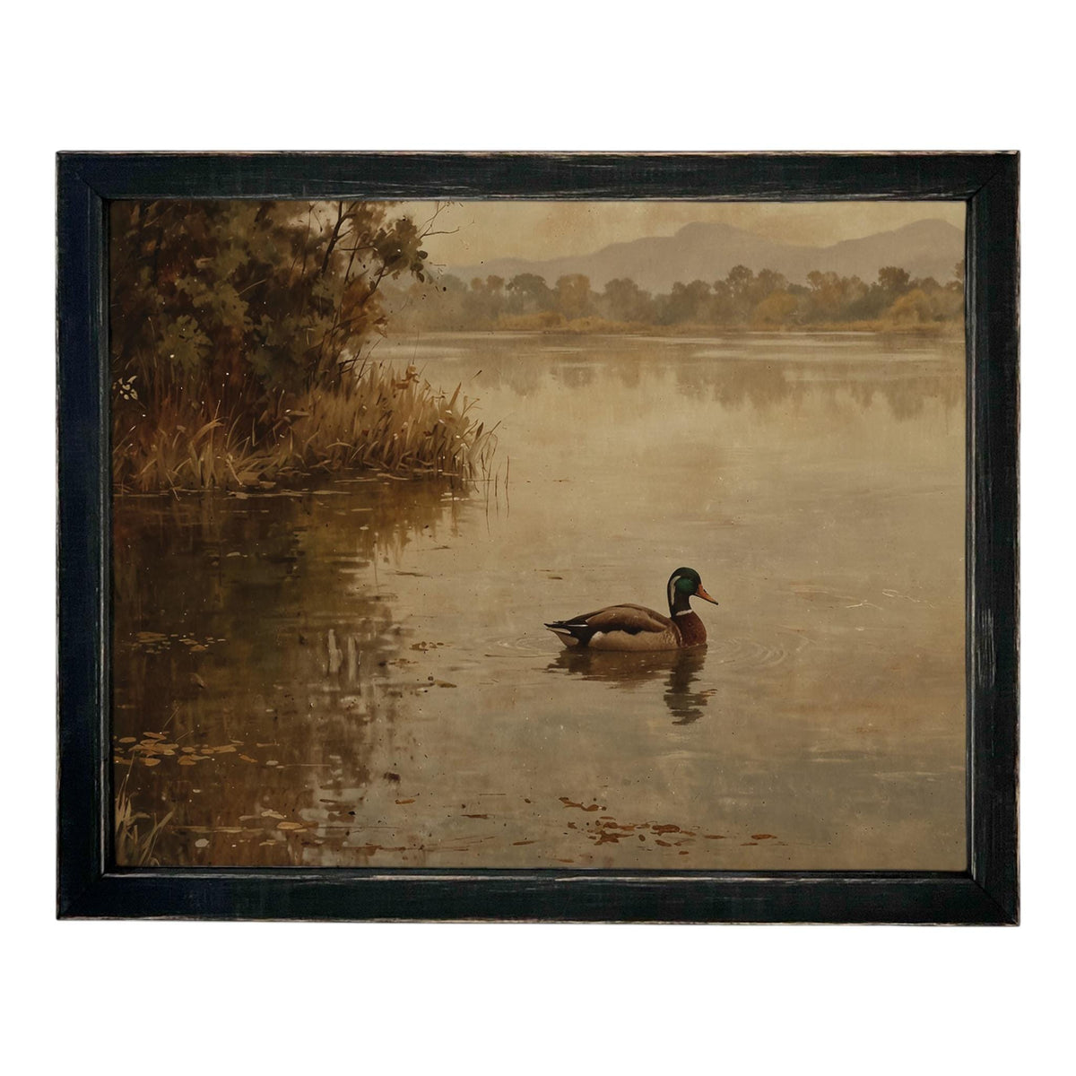 Vintage Landscape Print: Framed Canvas Mallard Duck Art #A-199