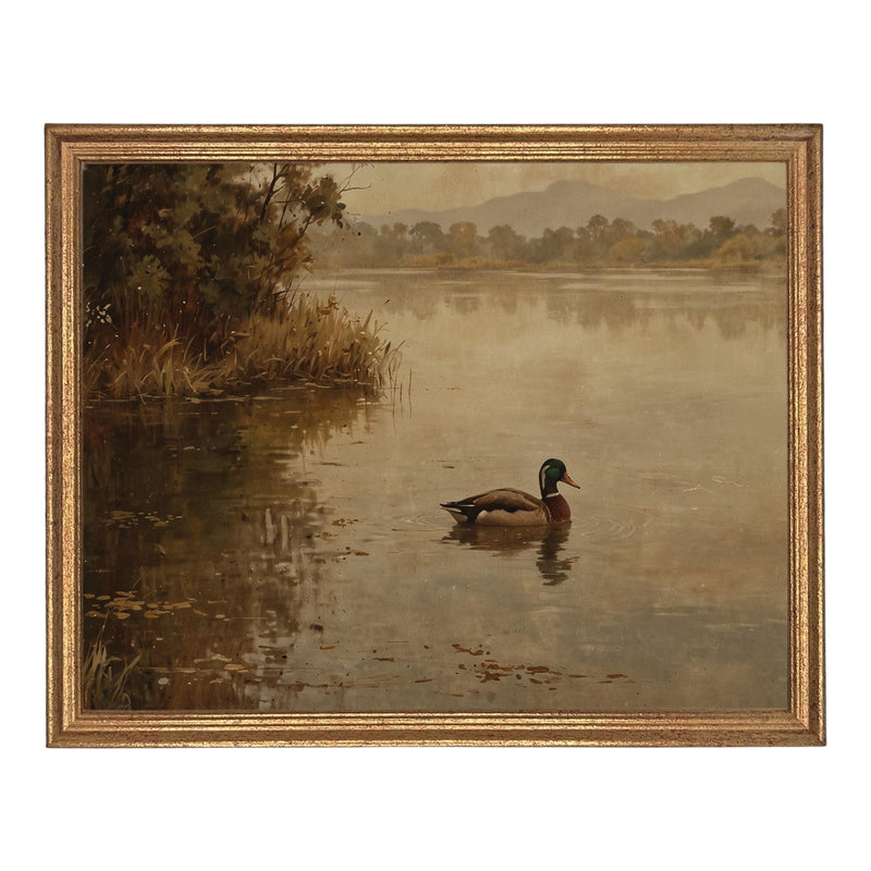 Vintage Landscape Print: Framed Canvas Mallard Duck Art #A-199