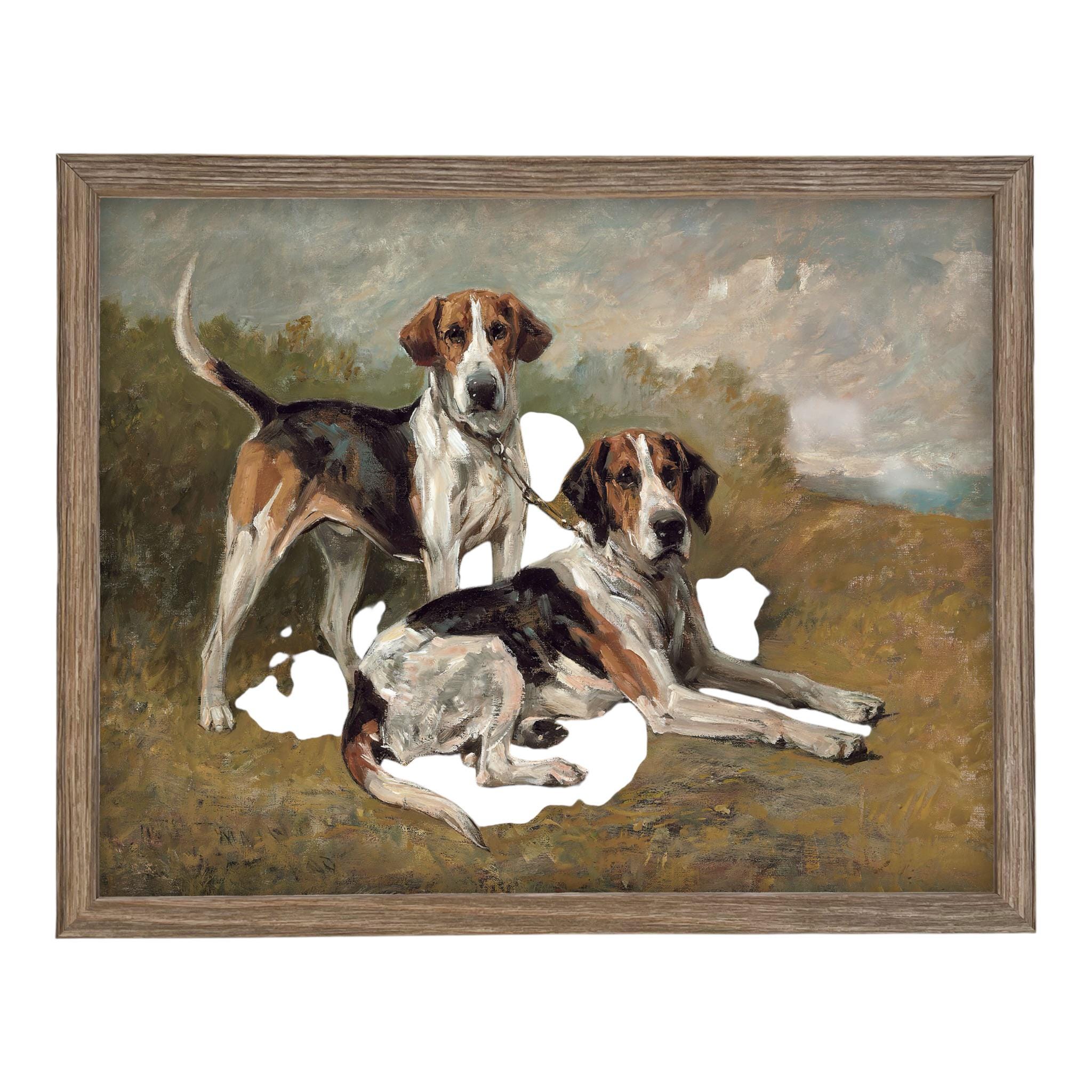 Framed Vintage Canvas Print: Neutral Print with hound dogs #A-200