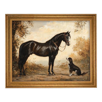 Vintage Framed Canvas Print: Horse and Dog Equestrian Art #A-202