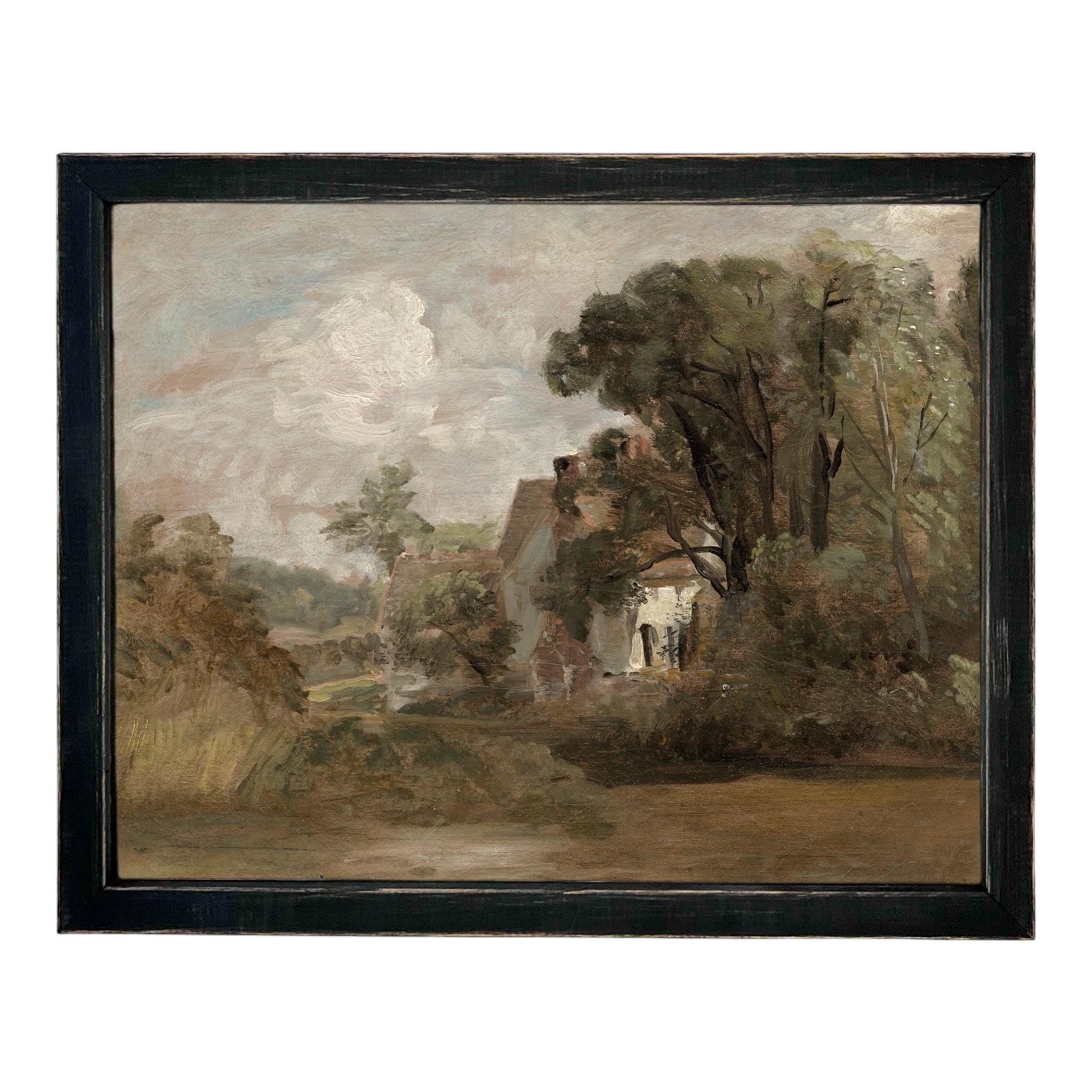 Framed Vintage Canvas Print: English Cottage Landscape Art #LAN-281