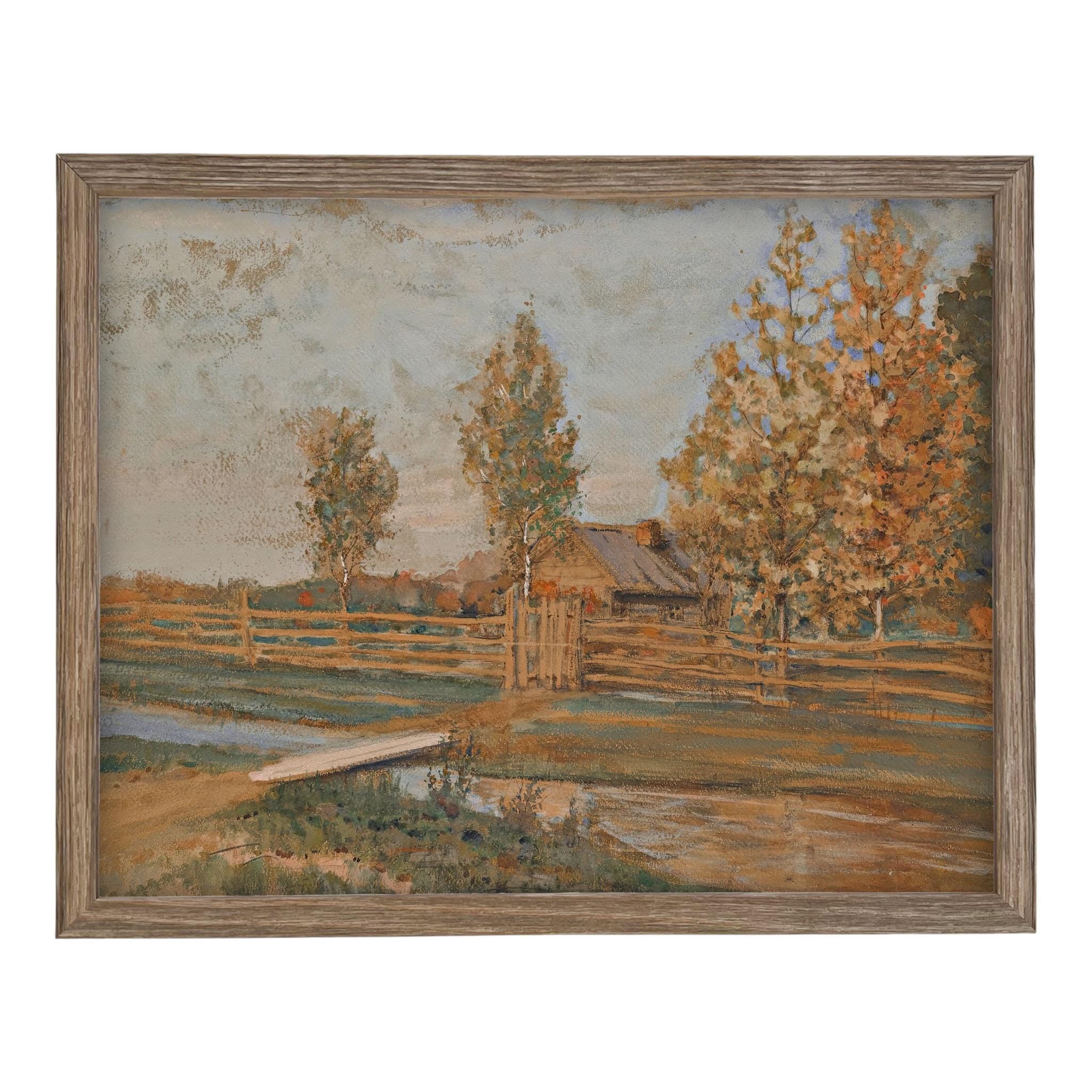 Framed Vintage Canvas Print: Fall Farmhouse Landscape Art #LAN-283