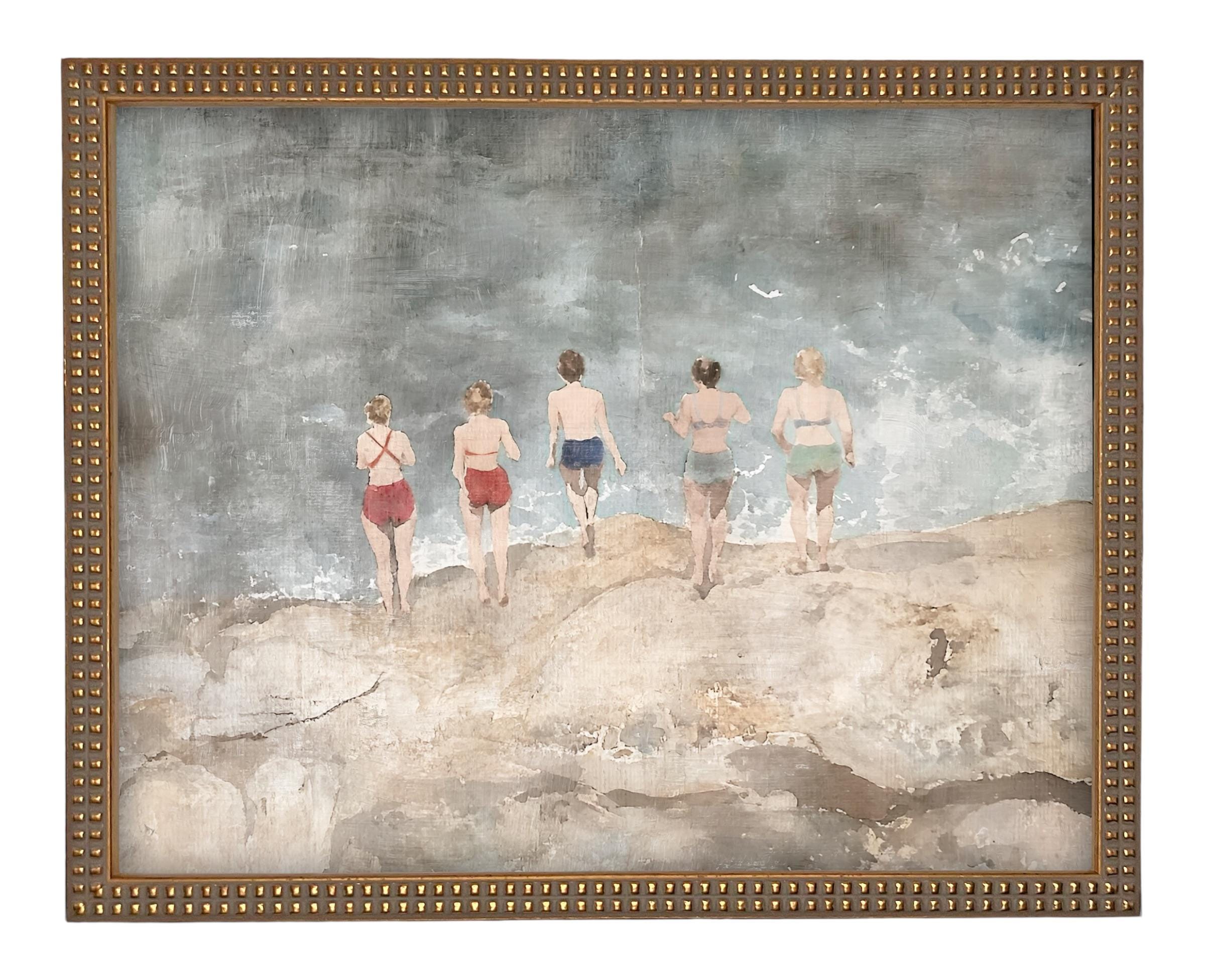 Vintage Beach Scene Framed Canvas Art Print #COAS-207