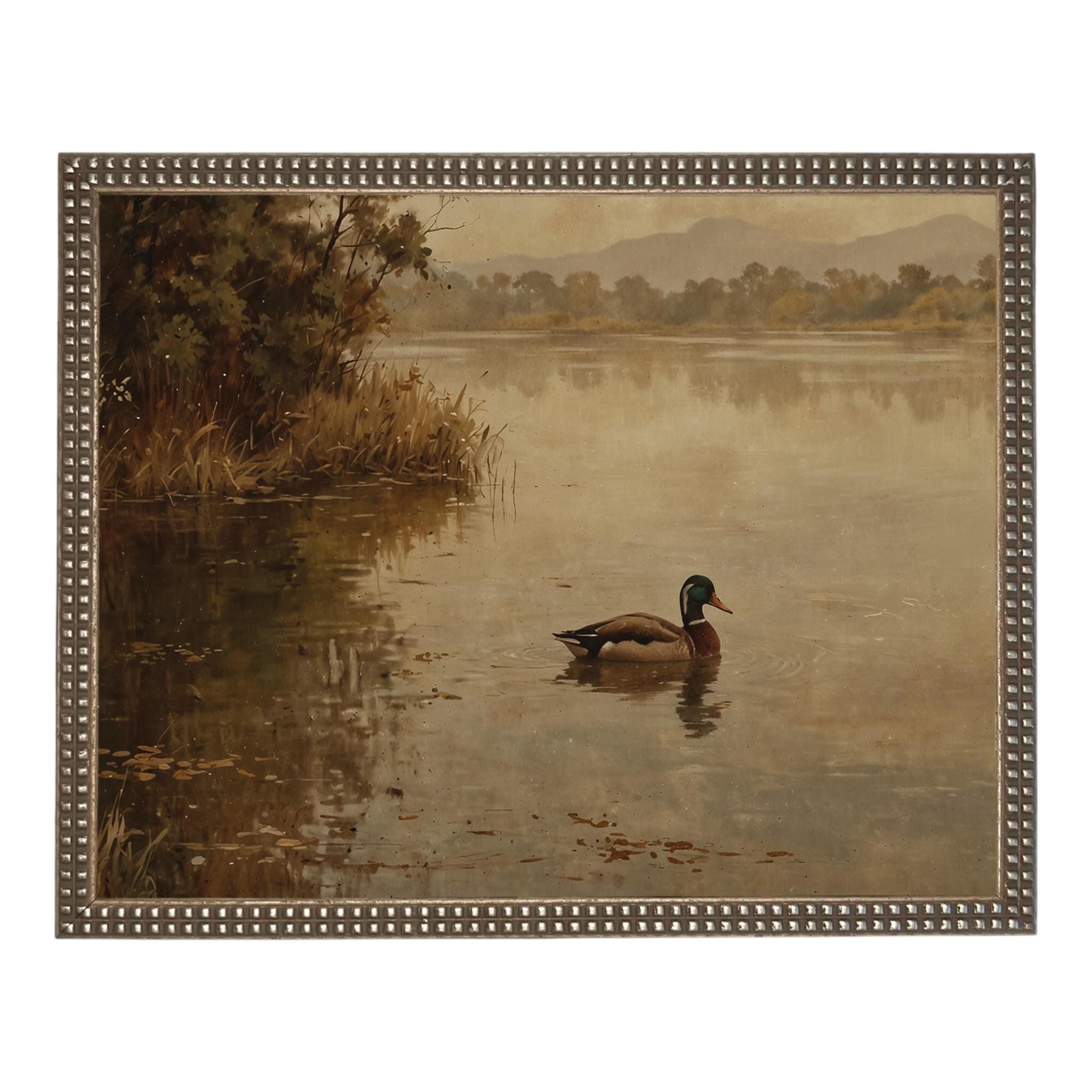 Vintage Landscape Print: Framed Canvas Mallard Duck Art #A-199