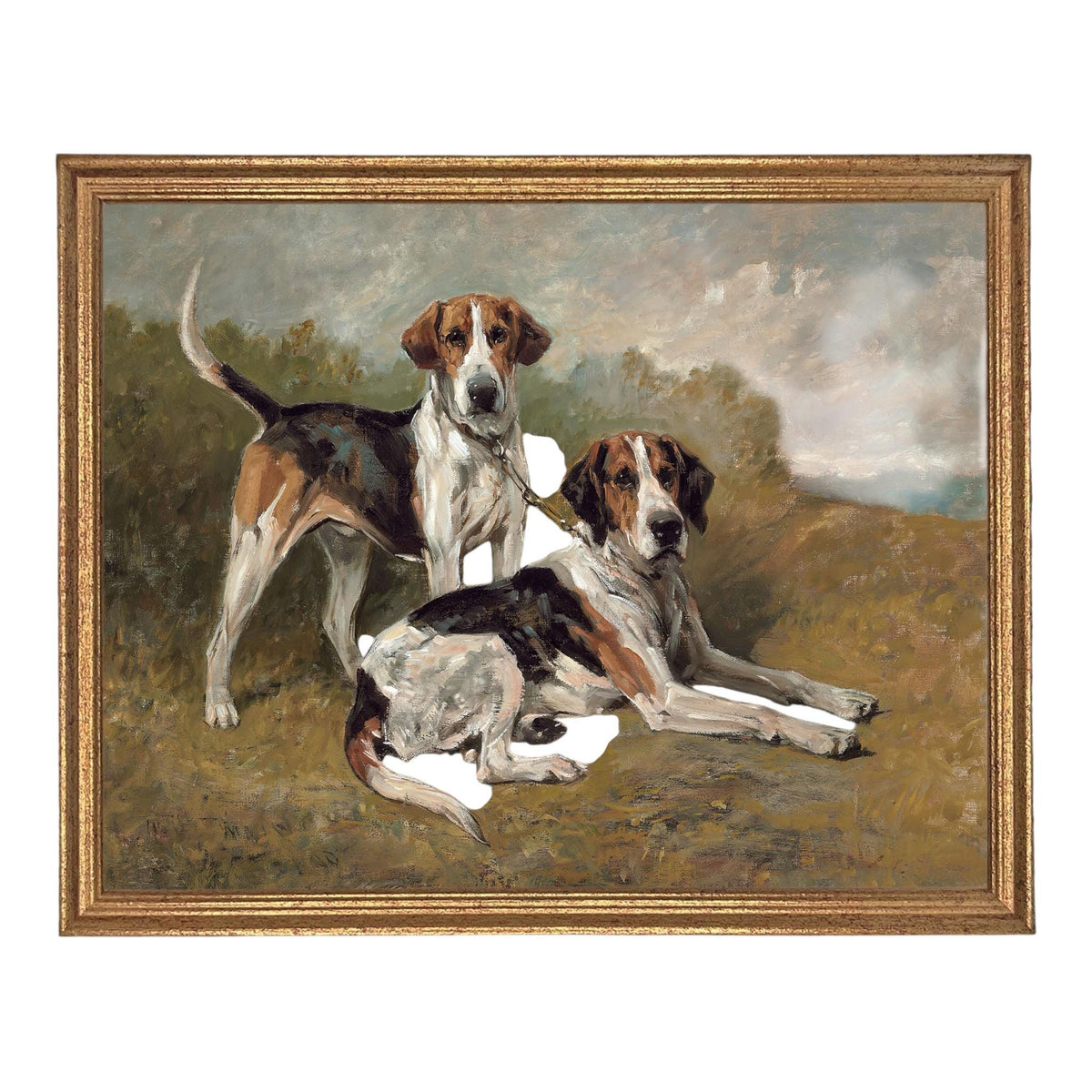 Framed Vintage Canvas Print: Neutral Print with hound dogs #A-200