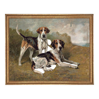Framed Vintage Canvas Print: Neutral Print with hound dogs #A-200