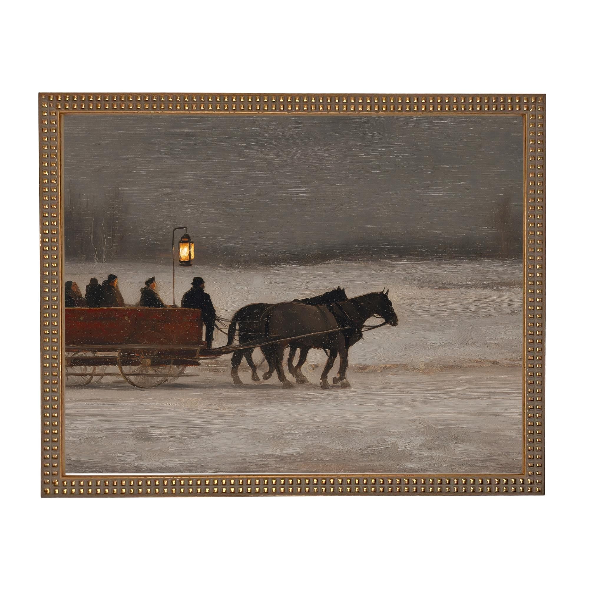 Vintage Sleigh Ride Canvas Print: Framed Winter Christmas Farmhouse Art CH-333