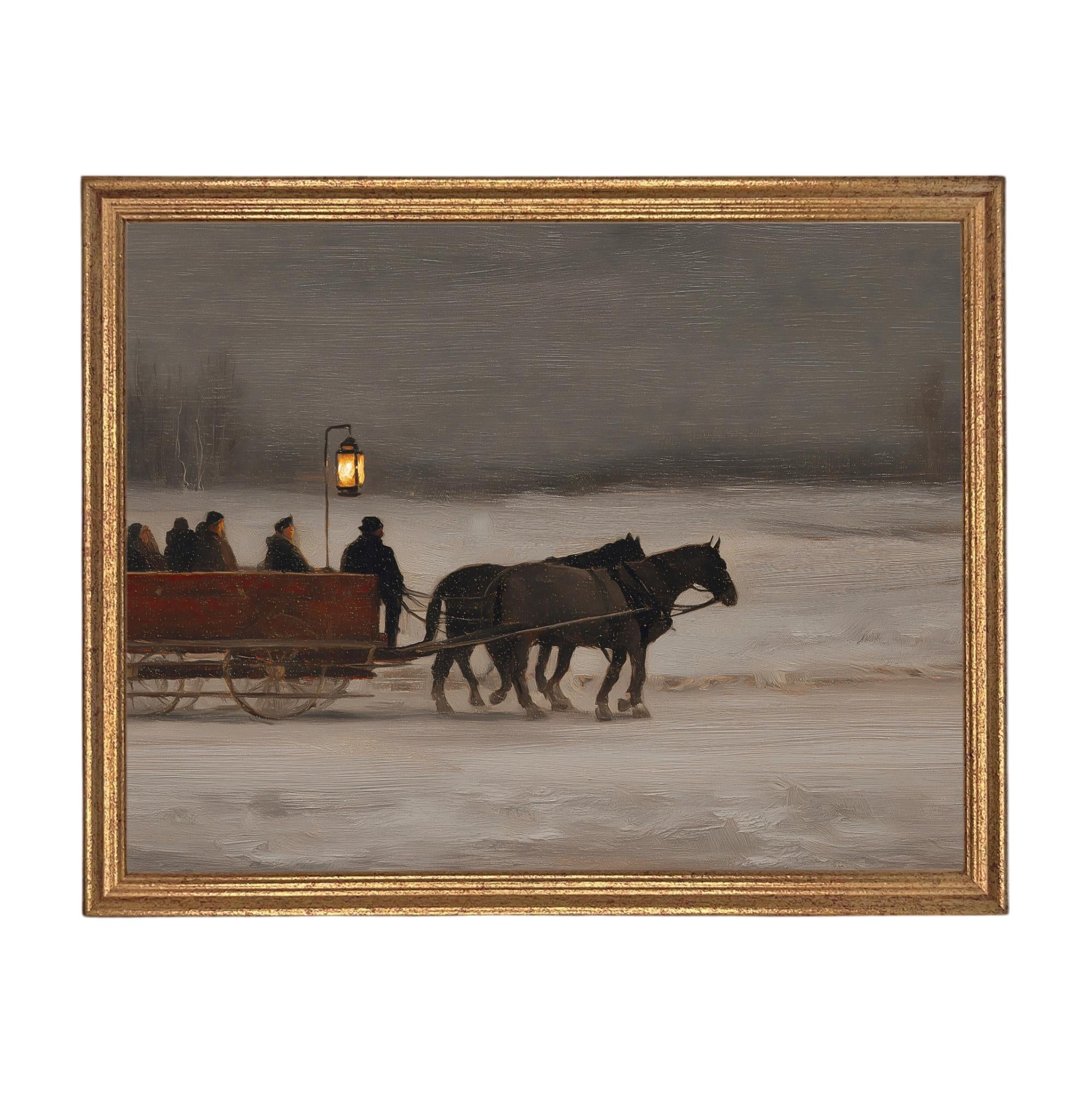Vintage Sleigh Ride Canvas Print: Framed Winter Christmas Farmhouse Art CH-333