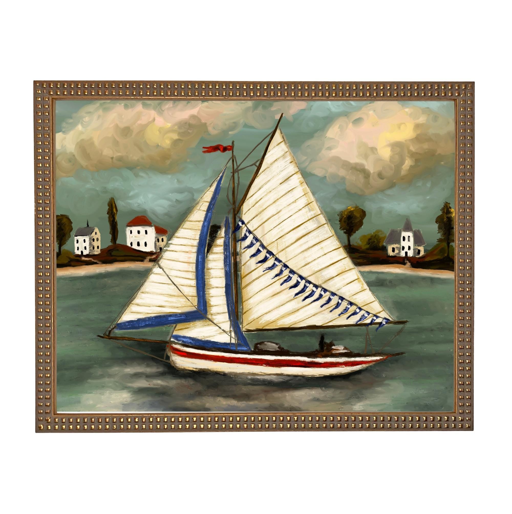 Framed Vintage Sailboat Canvas Print: Coastal Beach House Decor #COAS-208