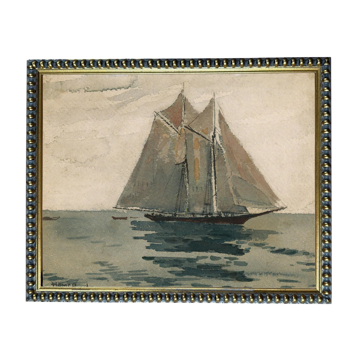 Framed Vintage Coastal Seascape Canvas Print: Sailboat Art, Beach House Decor #COAS-210