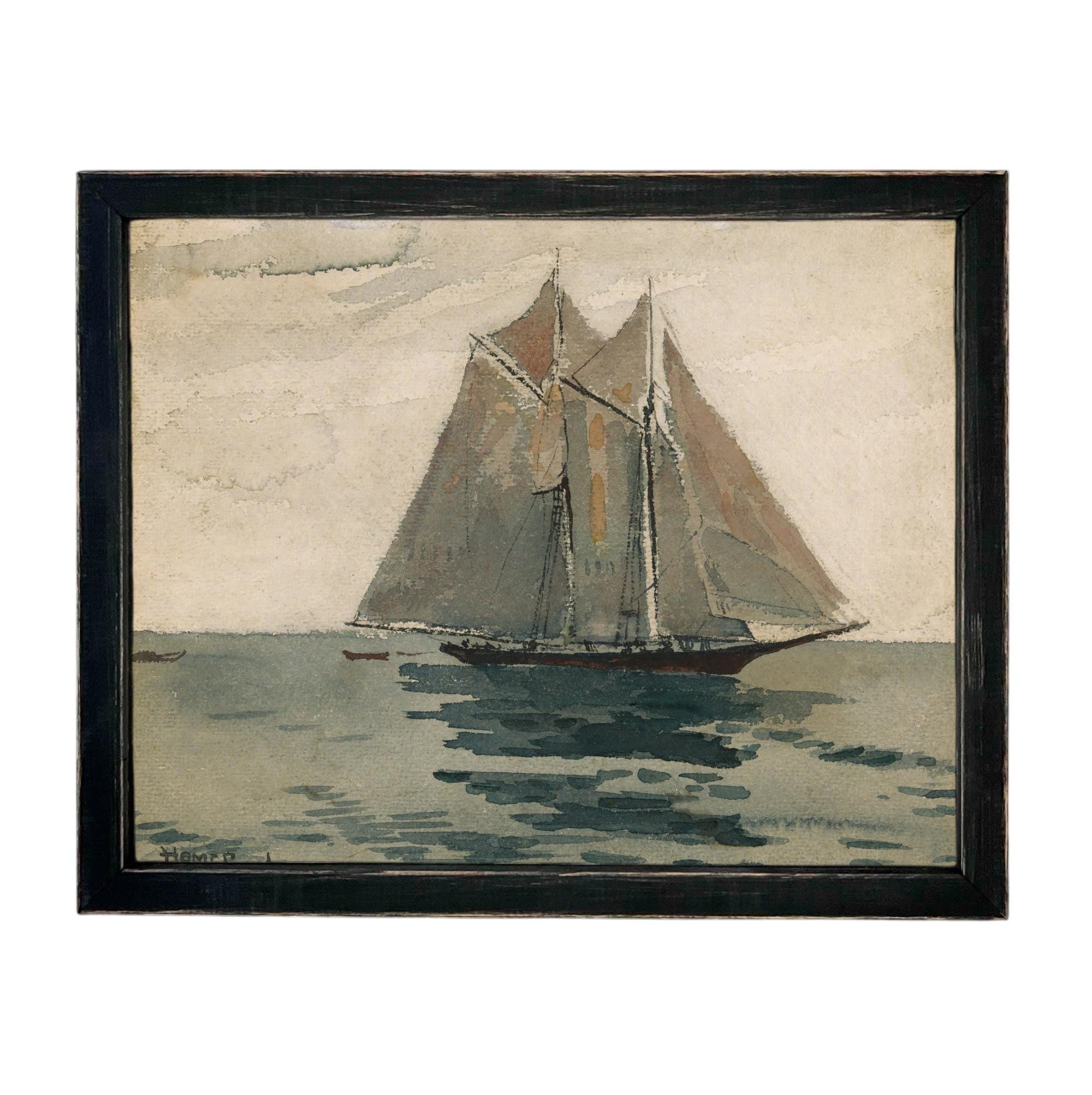 Framed Vintage Coastal Seascape Canvas Print: Sailboat Art, Beach House Decor #COAS-210