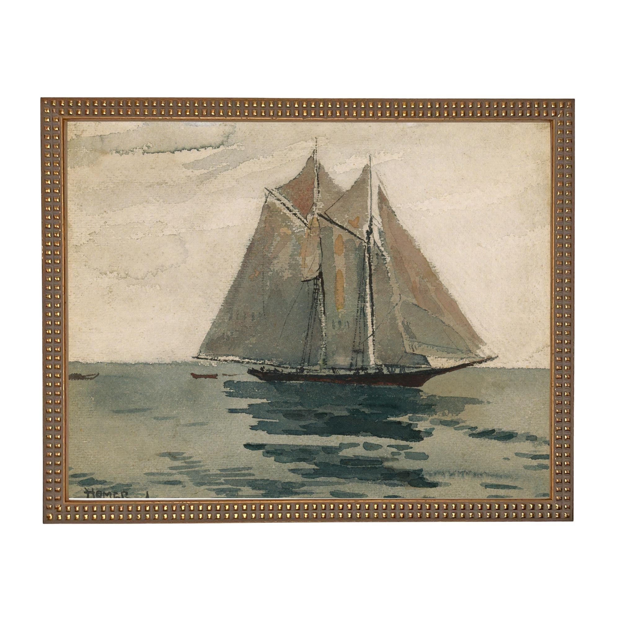 Framed Vintage Coastal Seascape Canvas Print: Sailboat Art, Beach House Decor #COAS-210