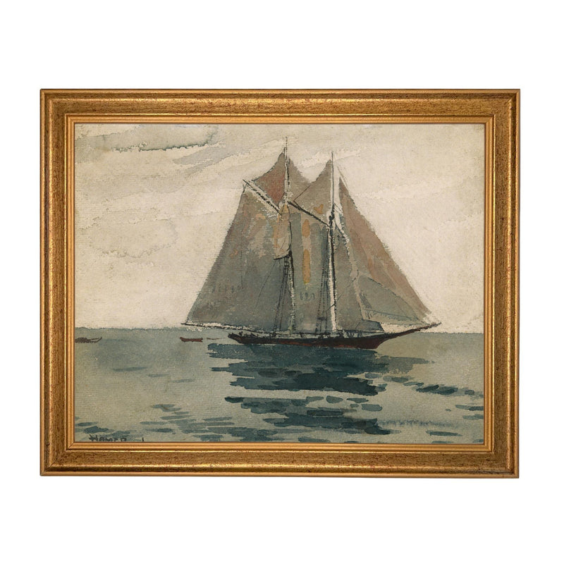 Framed Vintage Coastal Seascape Canvas Print: Sailboat Art, Beach House Decor #COAS-210
