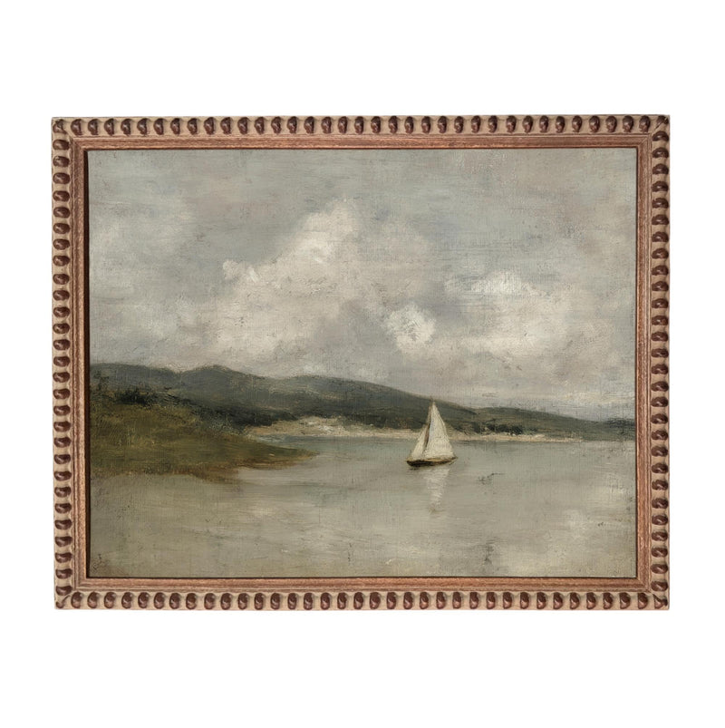 Vintage Framed Nautical Coastal Seascape Canvas Print: Sailboat Art, Beach House Decor #COAS-211