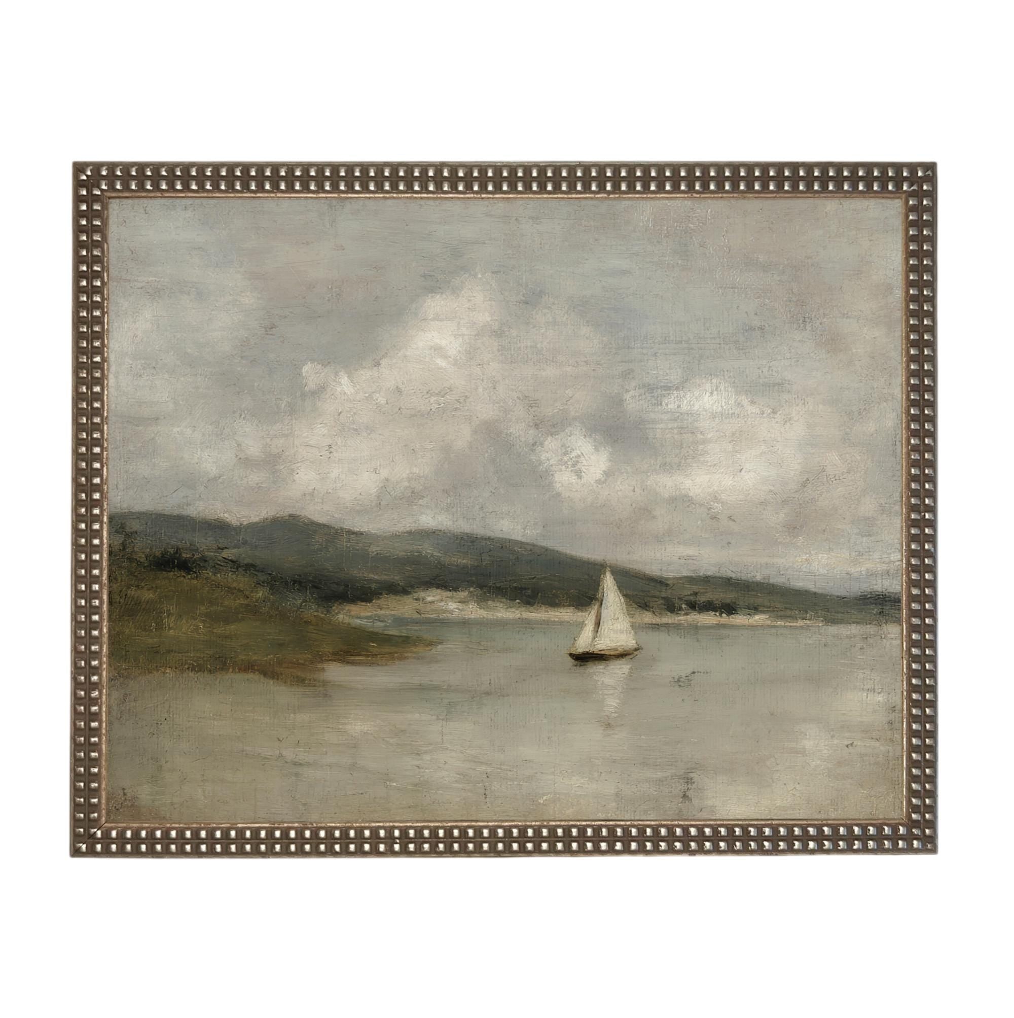 Vintage Framed Nautical Coastal Seascape Canvas Print: Sailboat Art, Beach House Decor #COAS-211