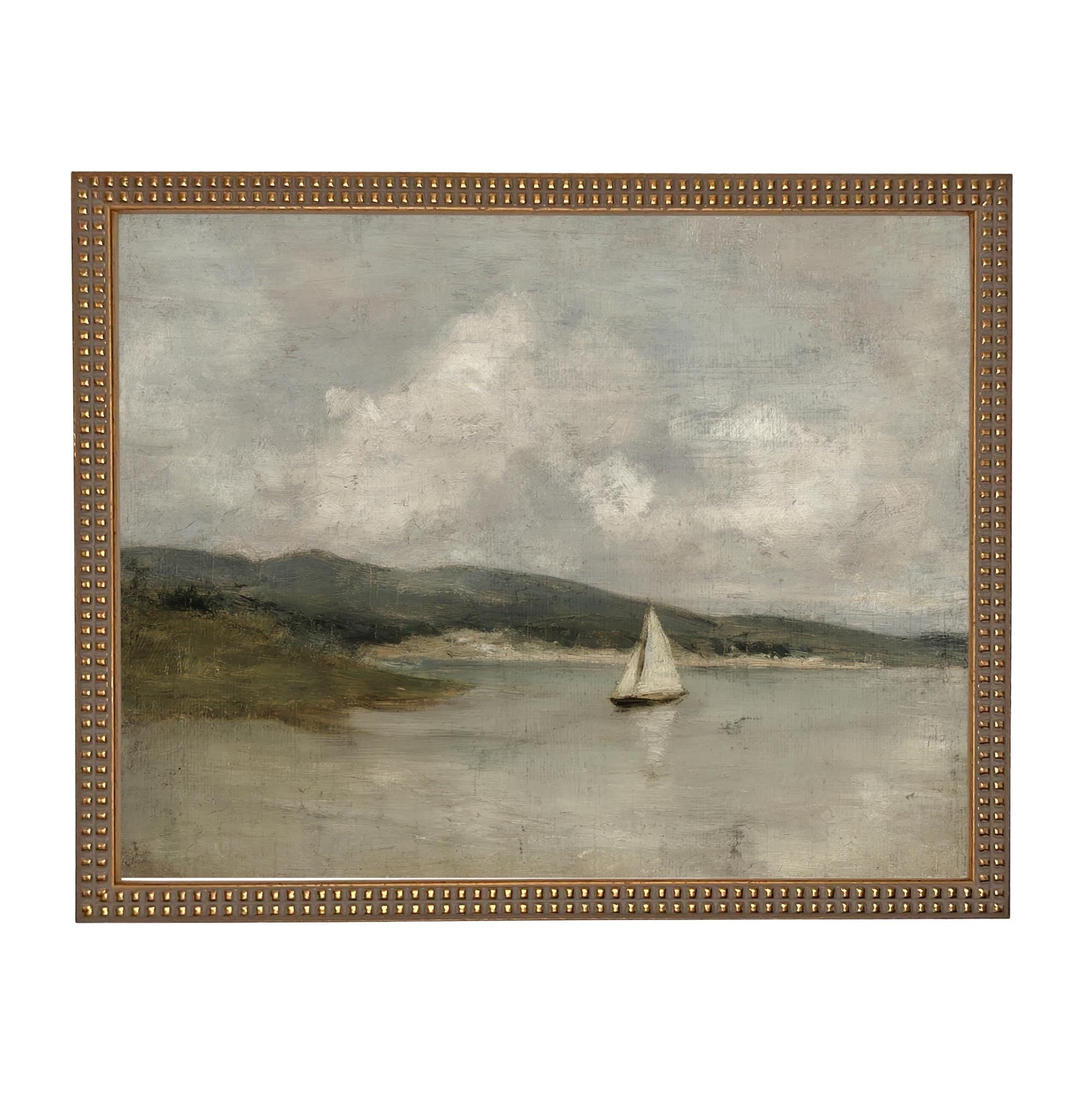 Vintage Framed Nautical Coastal Seascape Canvas Print: Sailboat Art, Beach House Decor #COAS-211