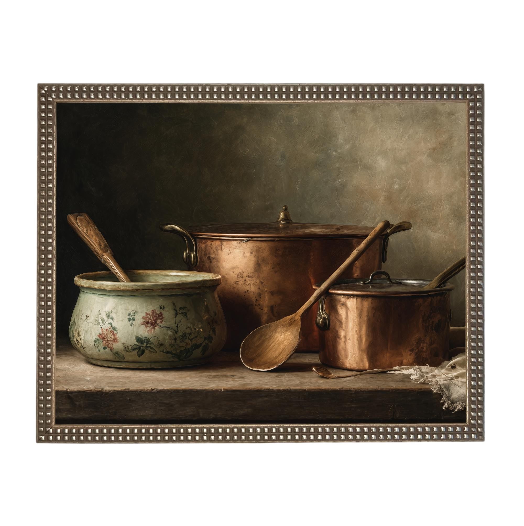 Framed Vintage Copper Pots Pottery Still Life Canvas Print: Farmhouse Kitchen Art #ST-642