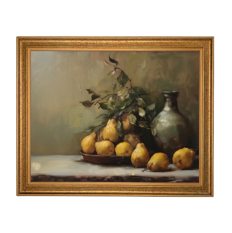Vintage Framed Pears Canvas Art: Still Life Kitchen Painting #ST-644