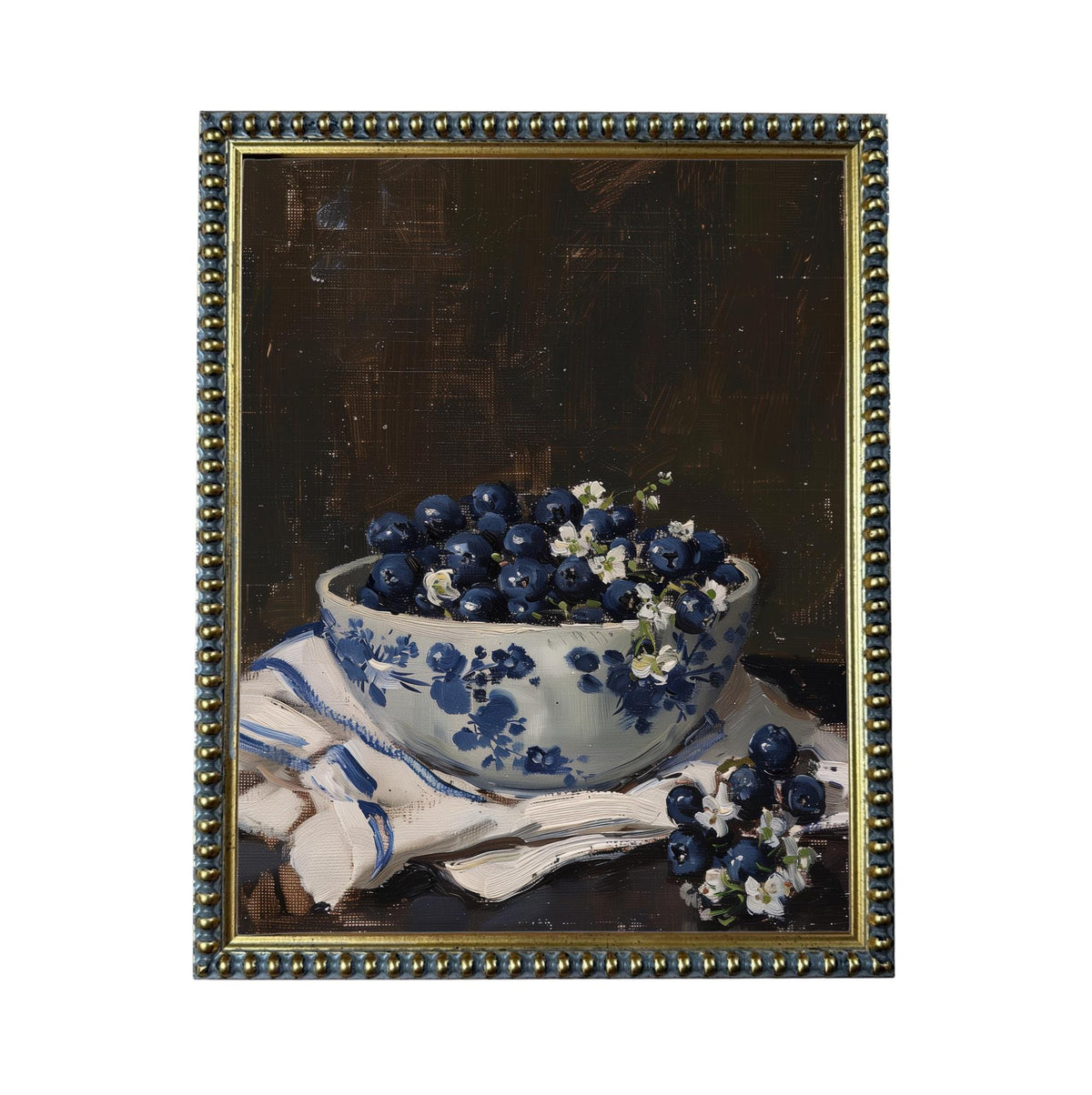 Vintage Framed Canvas Print: Bowl of Blueberries Still Life, Farmhouse Kitchen Art #ST-646
