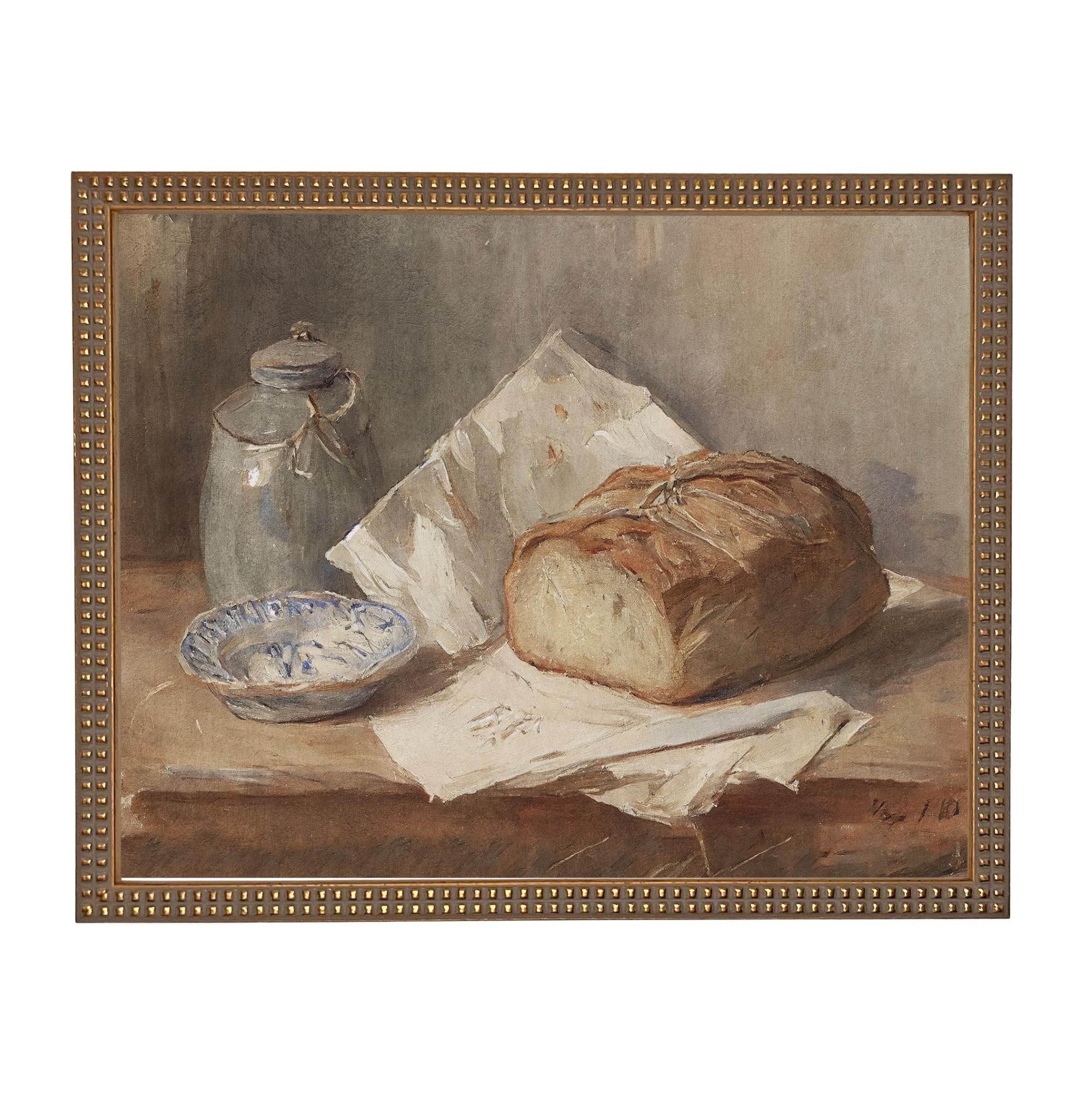 Framed Vintage Pottery and Bread Still Life Painting, Farmhouse Kitchen Canvas Print #ST-648