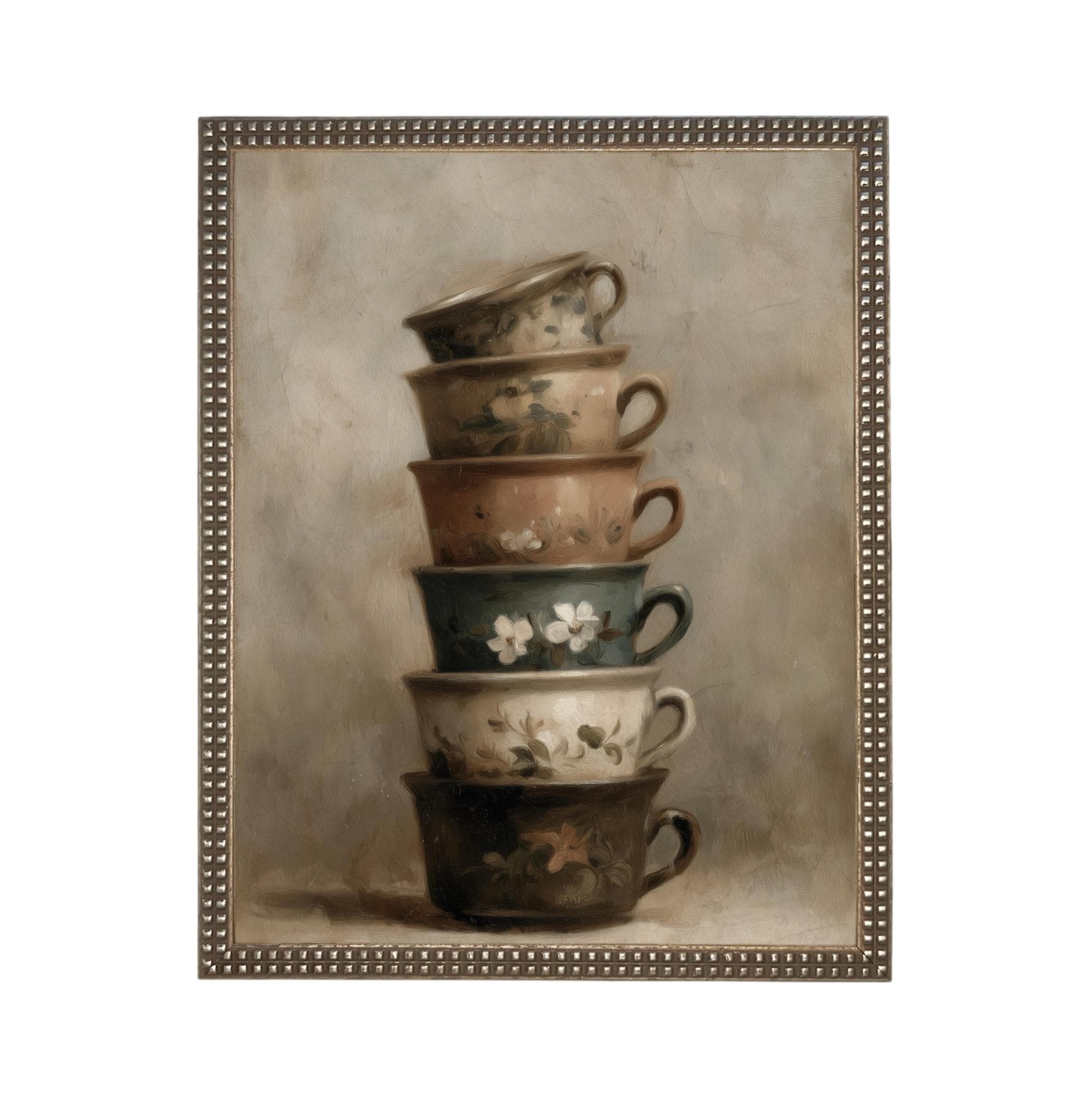 Framed Vintage Kitchen Teacups Pottery Still Life Canvas Print ST-649