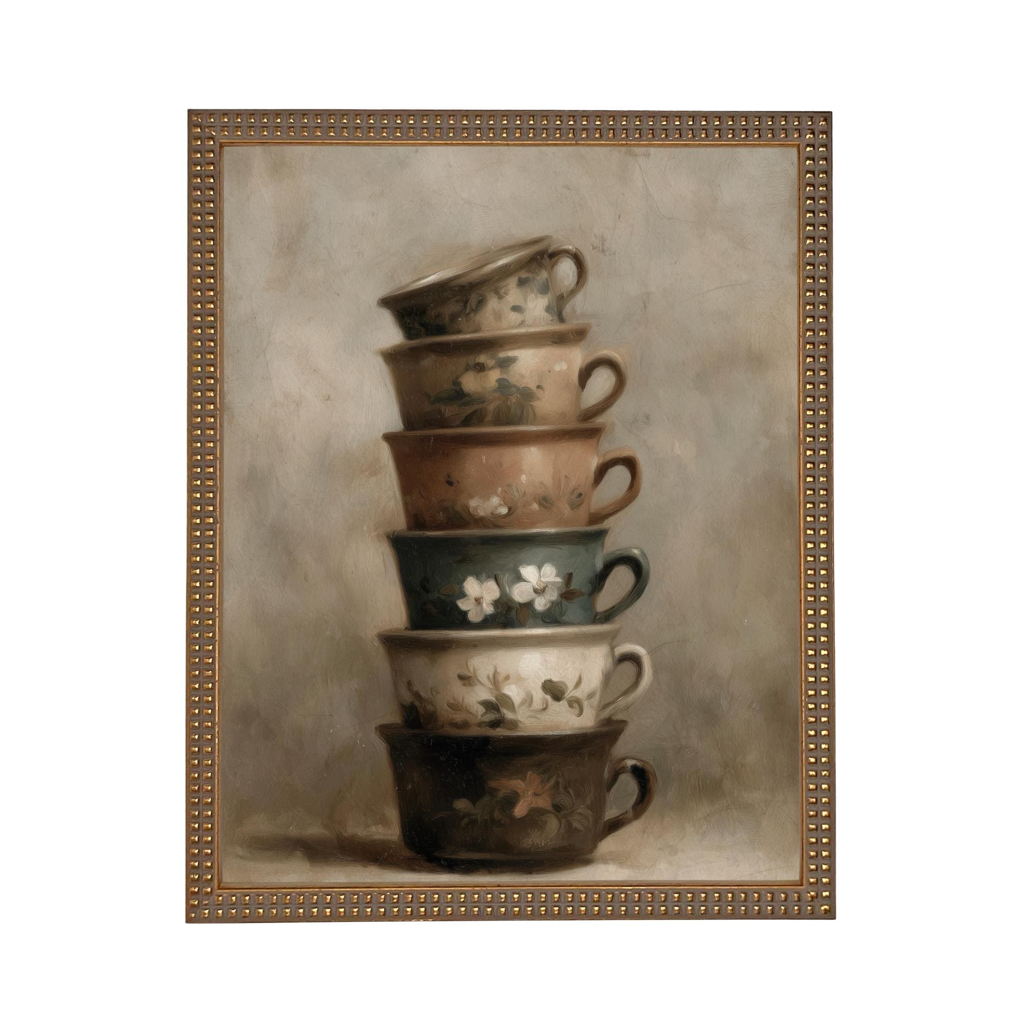 Framed Vintage Kitchen Teacups Pottery Still Life Canvas Print ST-649