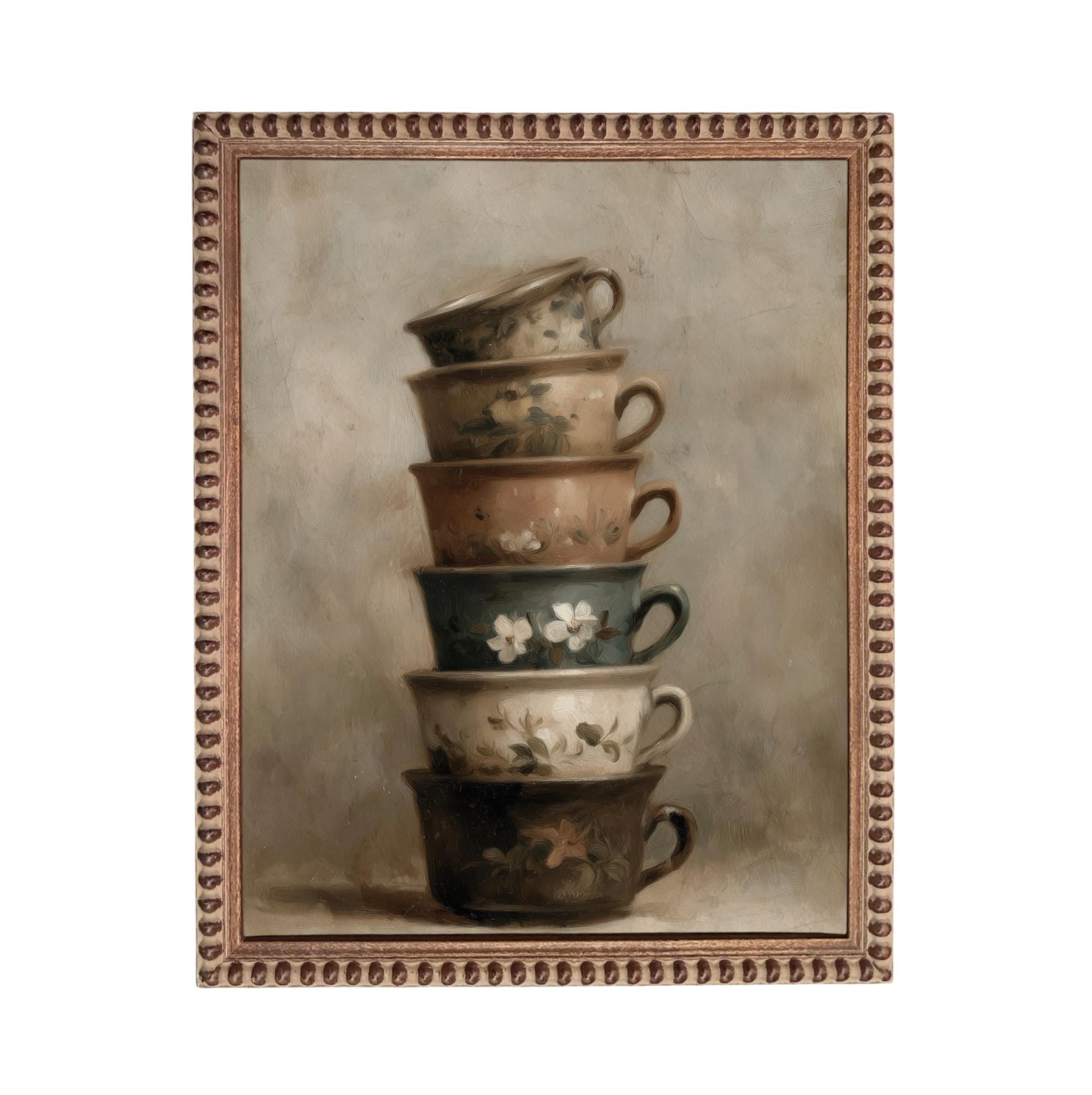 Framed Vintage Kitchen Teacups Pottery Still Life Canvas Print ST-649