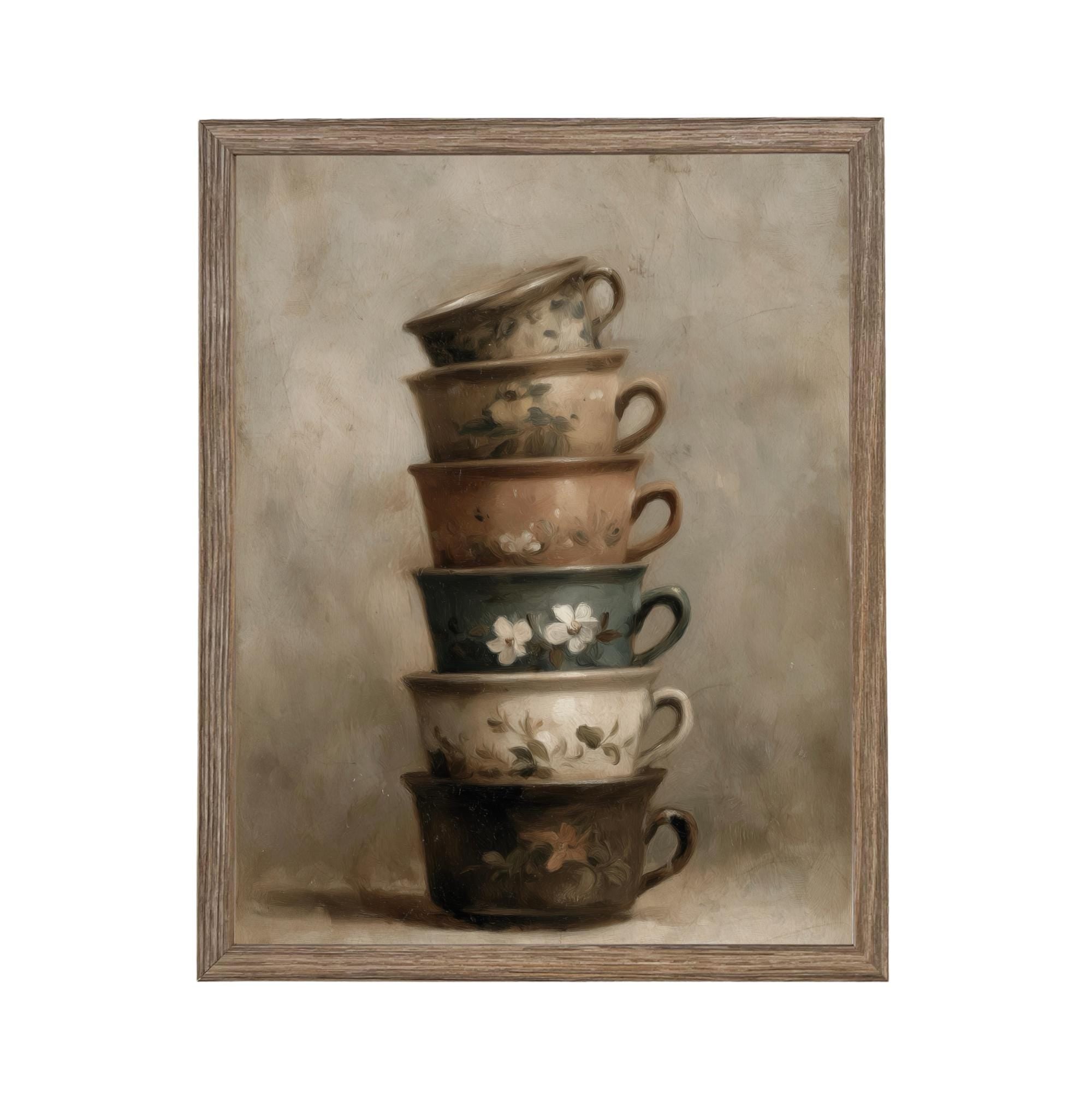 Framed Vintage Kitchen Teacups Pottery Still Life Canvas Print ST-649